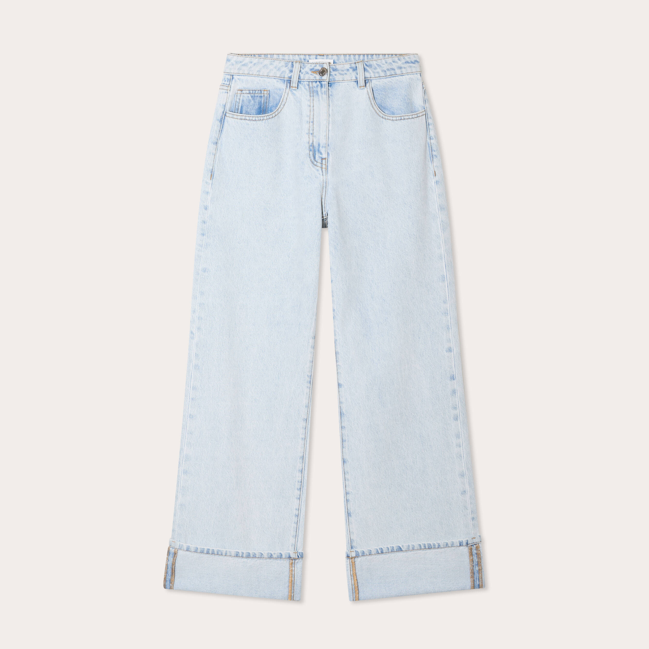 Jeans droit &agrave; revers denim bleach femme