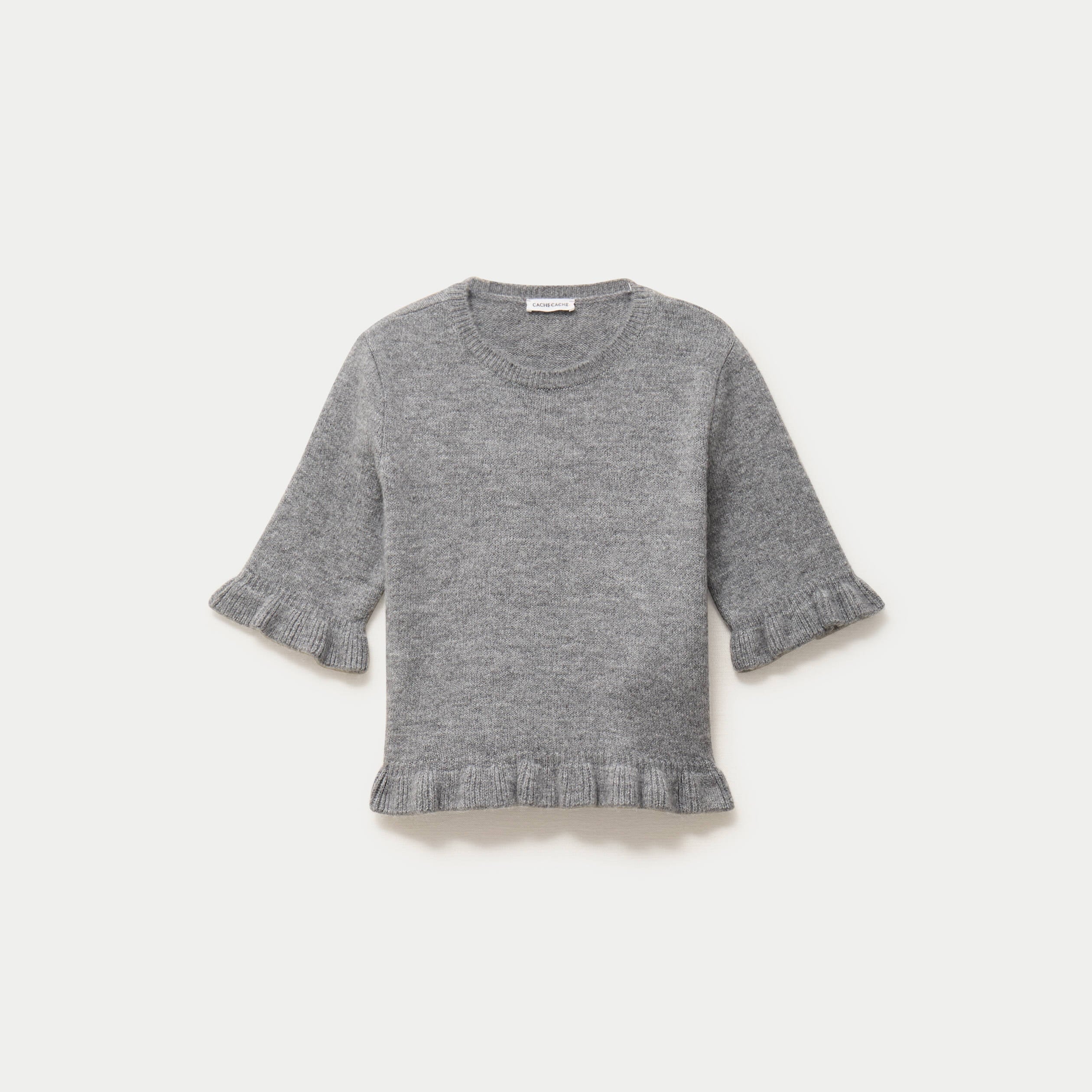 Pull col rond manches courtes gris clair femme