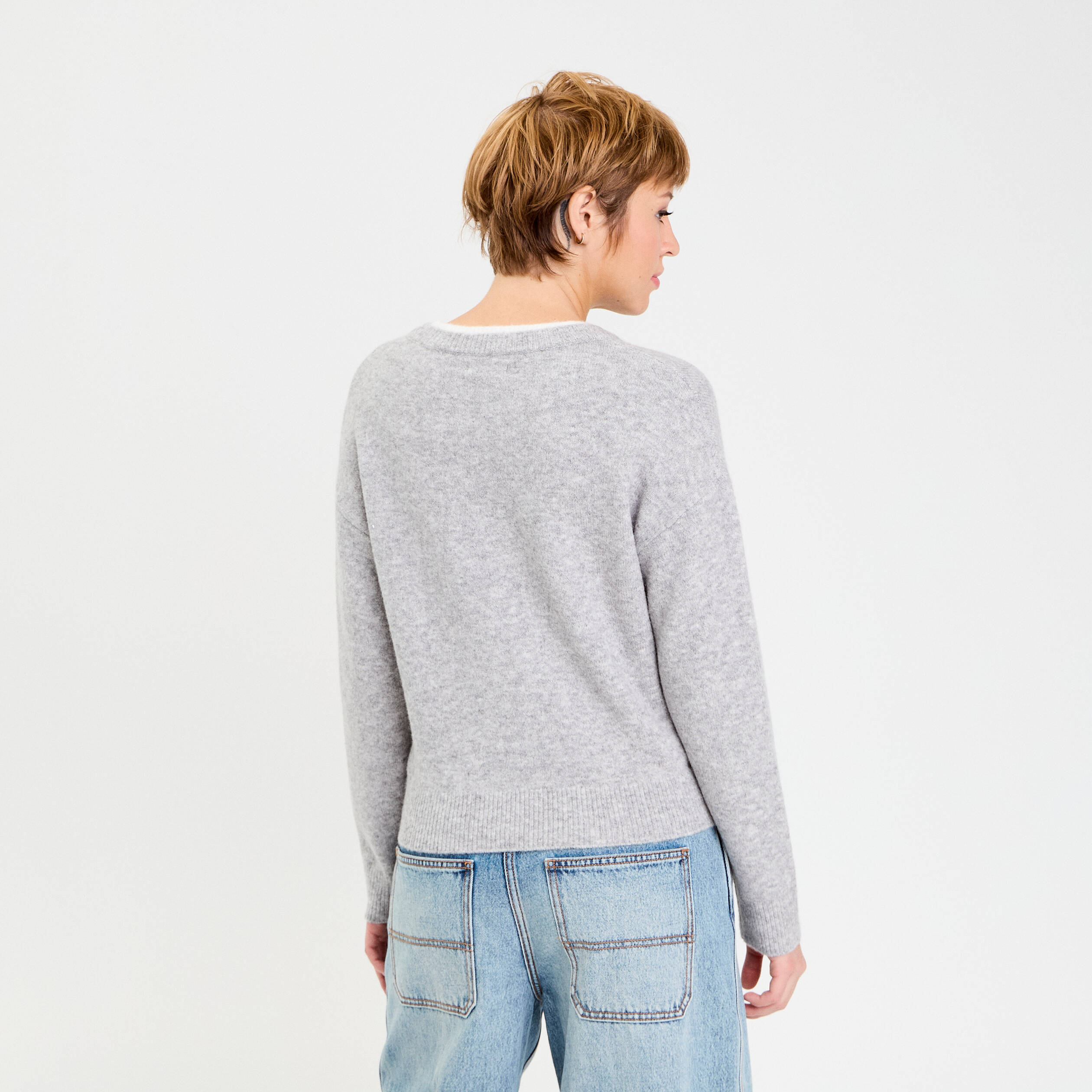 Pull col rond manches longues gris clair femme