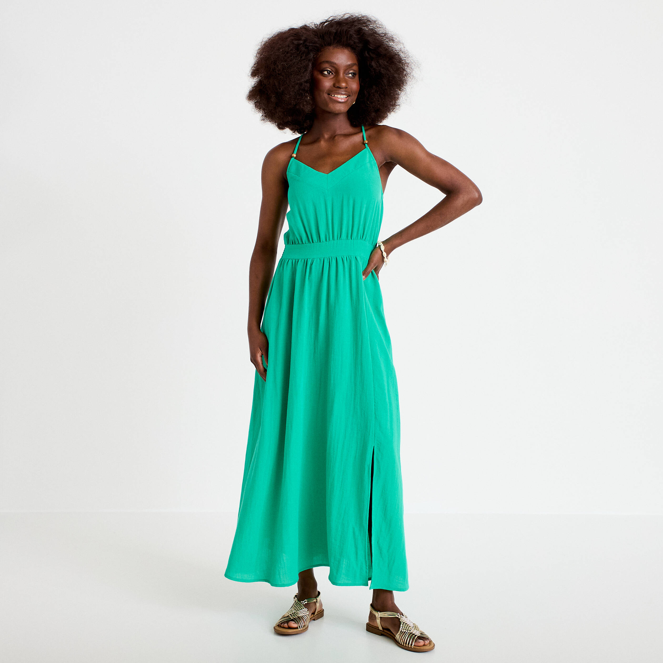 Robe &eacute;vas&eacute;e 3/4 col v bretelles vert femme