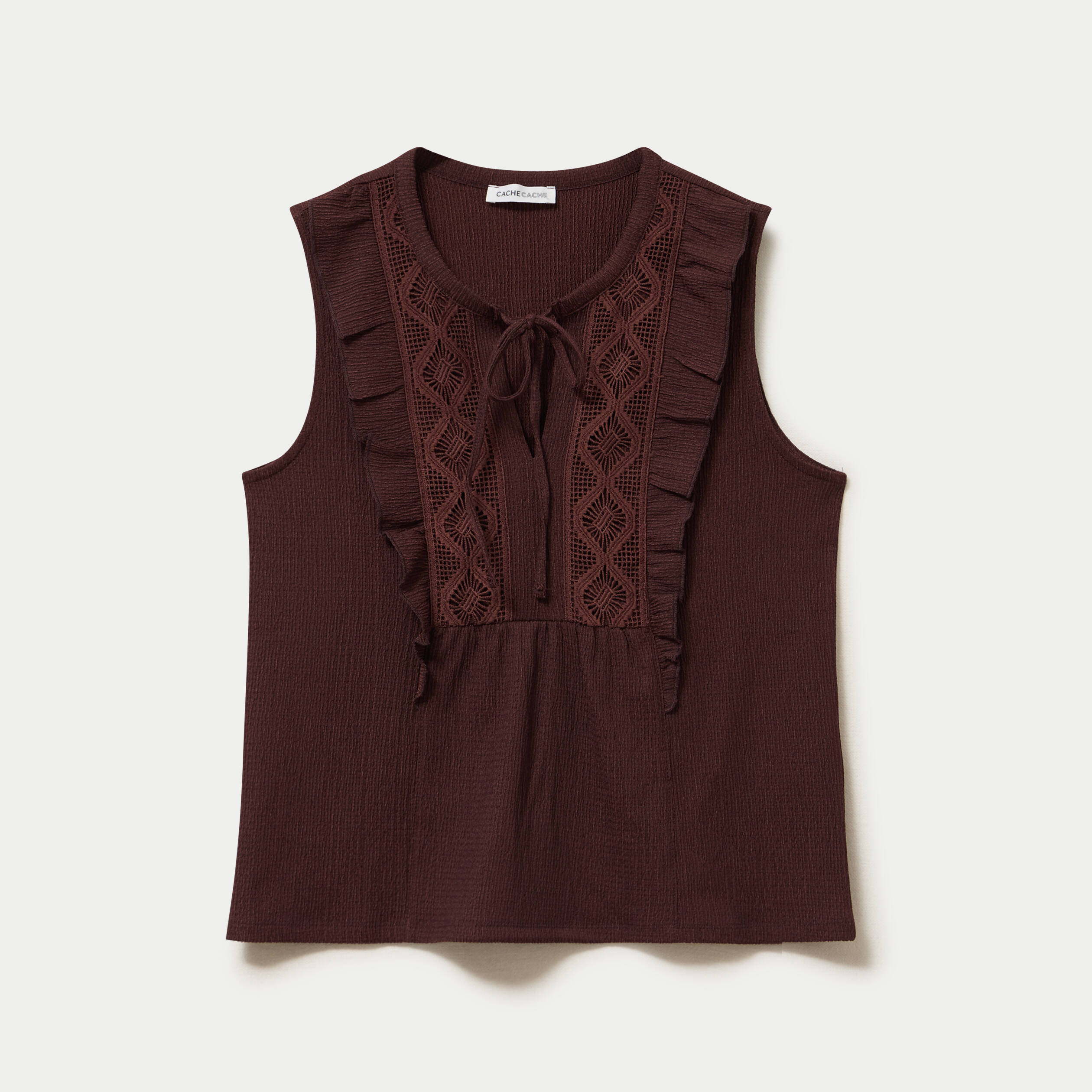 Top sans manches col v marron femme