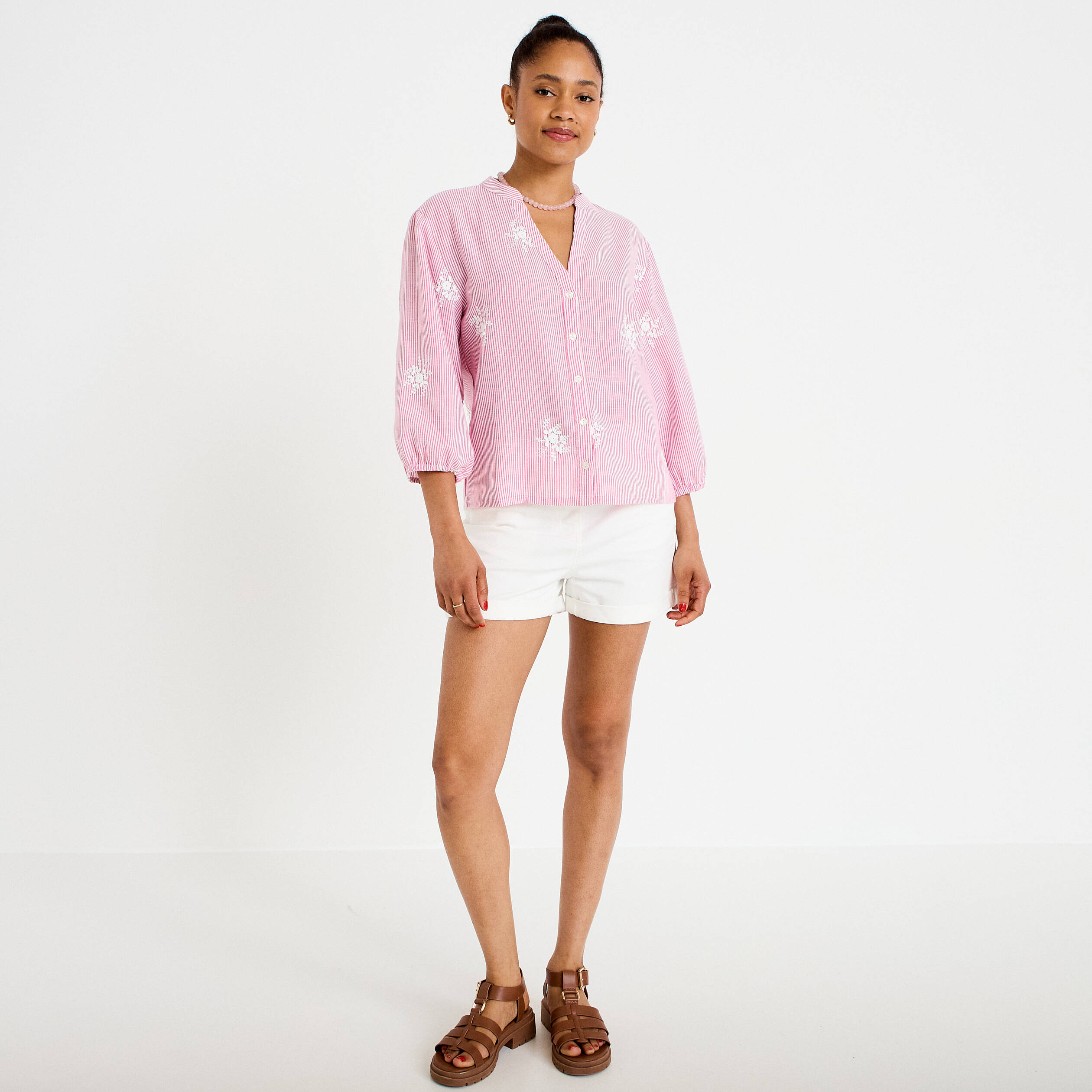 Blouse col tunisien rose femme