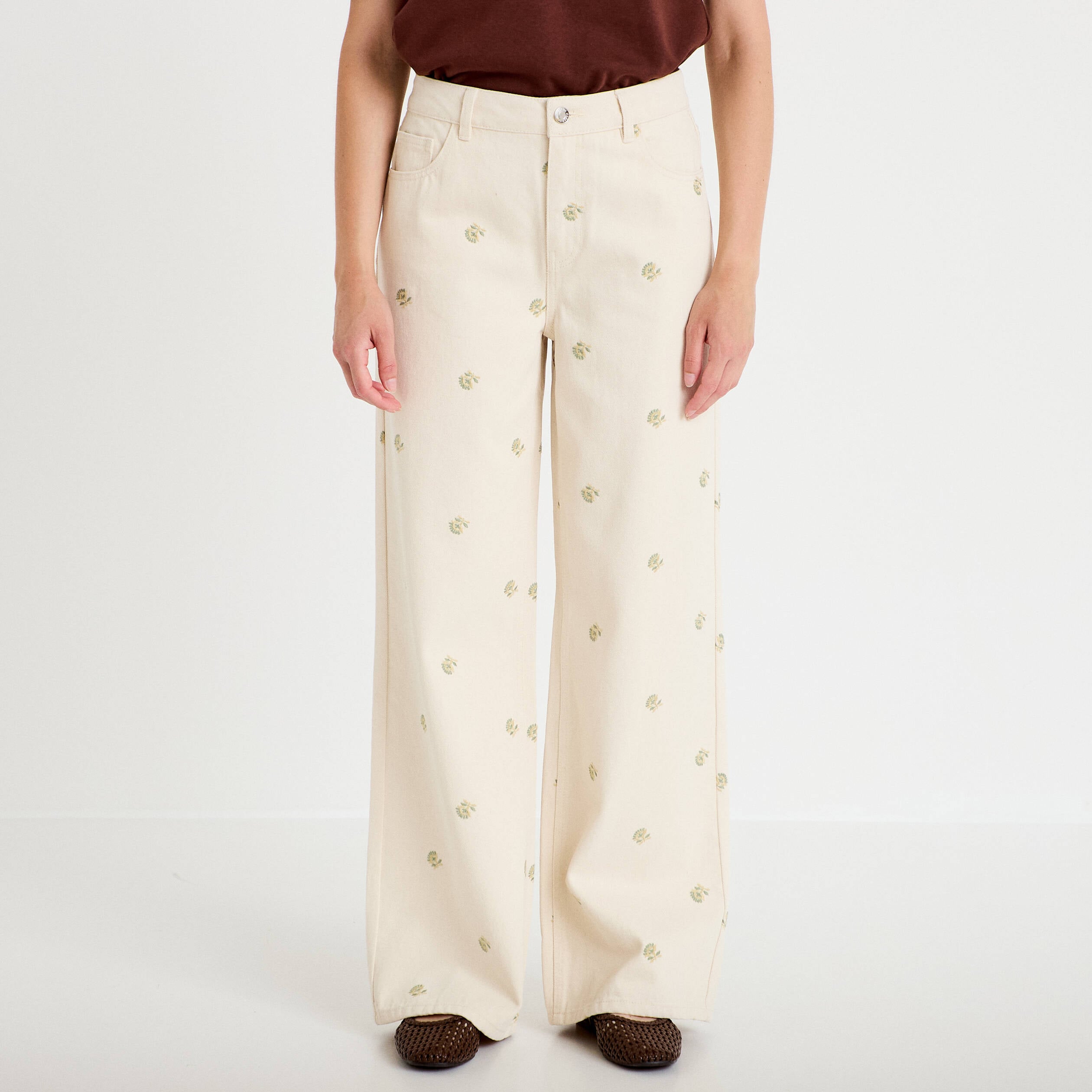 Jean wide leg taille haute brod&eacute; denim blanc femme