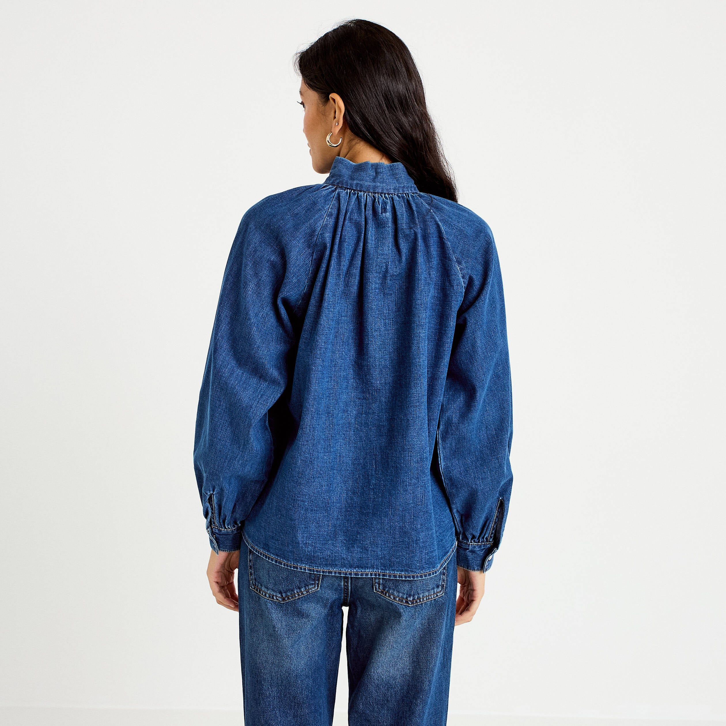 Chemise ample en jean col montant denim stone femme
