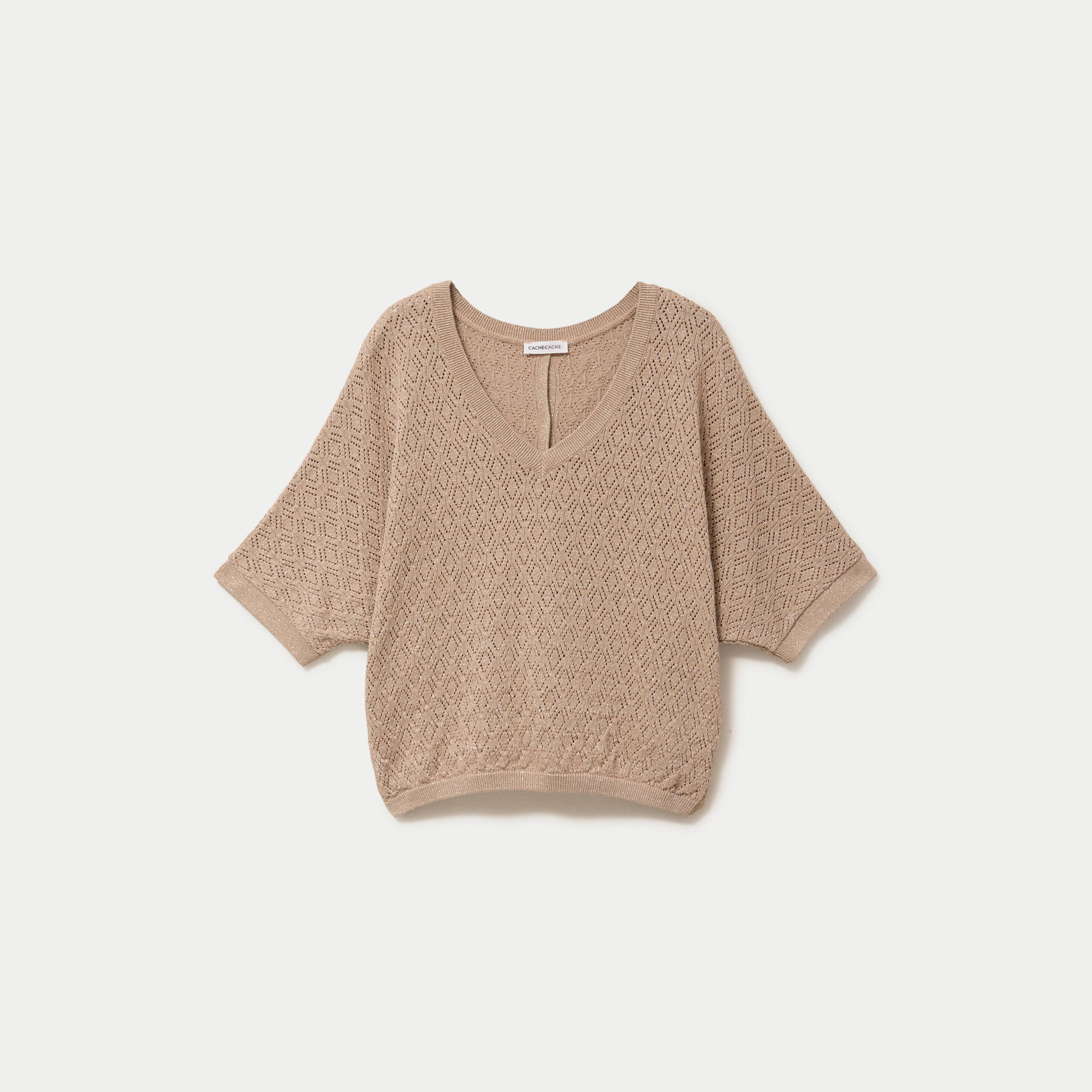 Pull ajour&eacute; col v manches courtes beige femme
