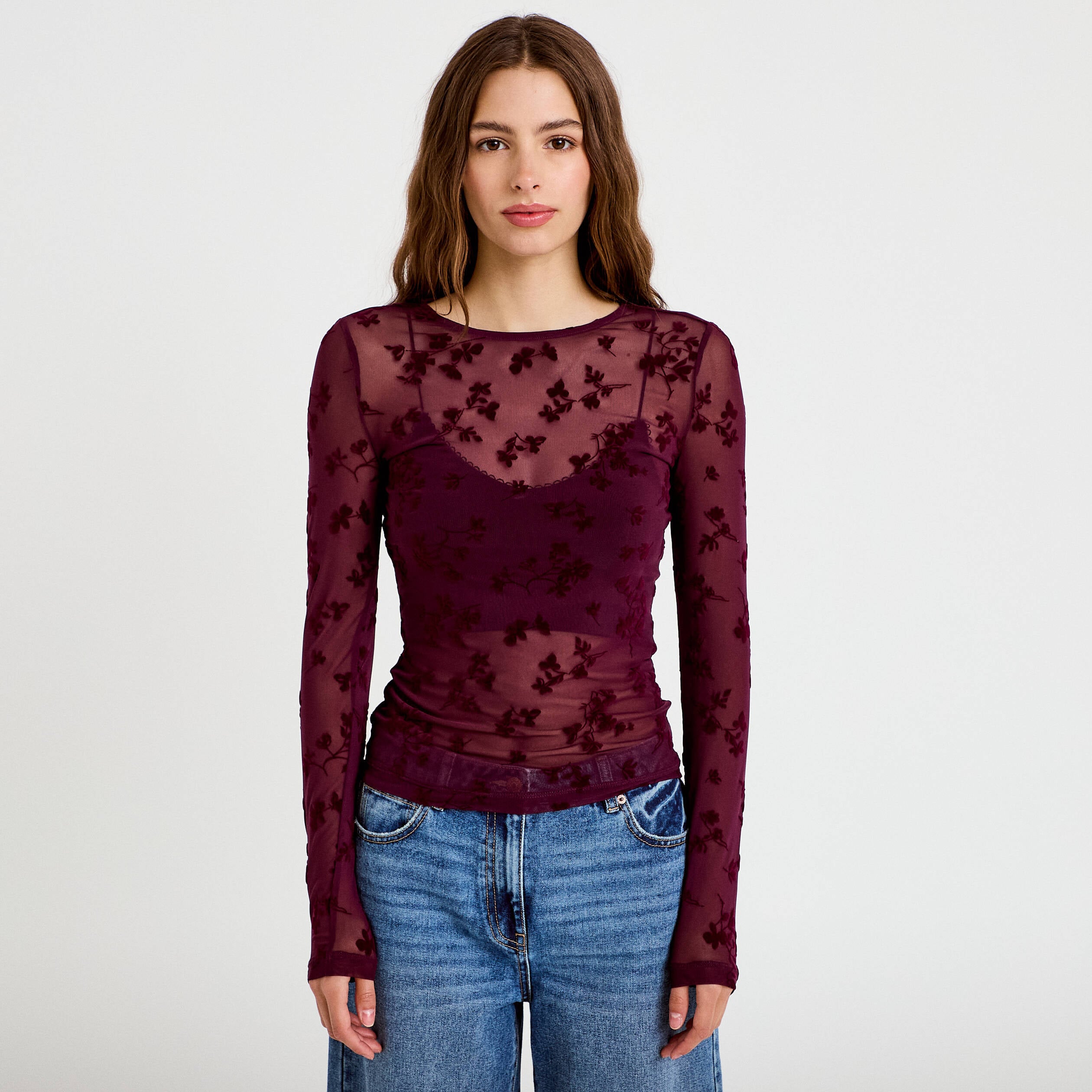 T-shirt ajust&eacute; manches longues prune femme