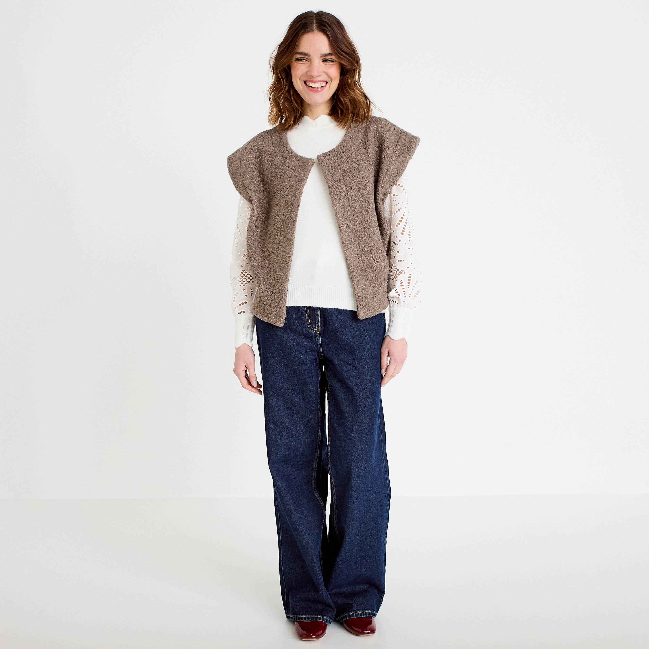 Pull manches ajour&eacute;es ecru femme