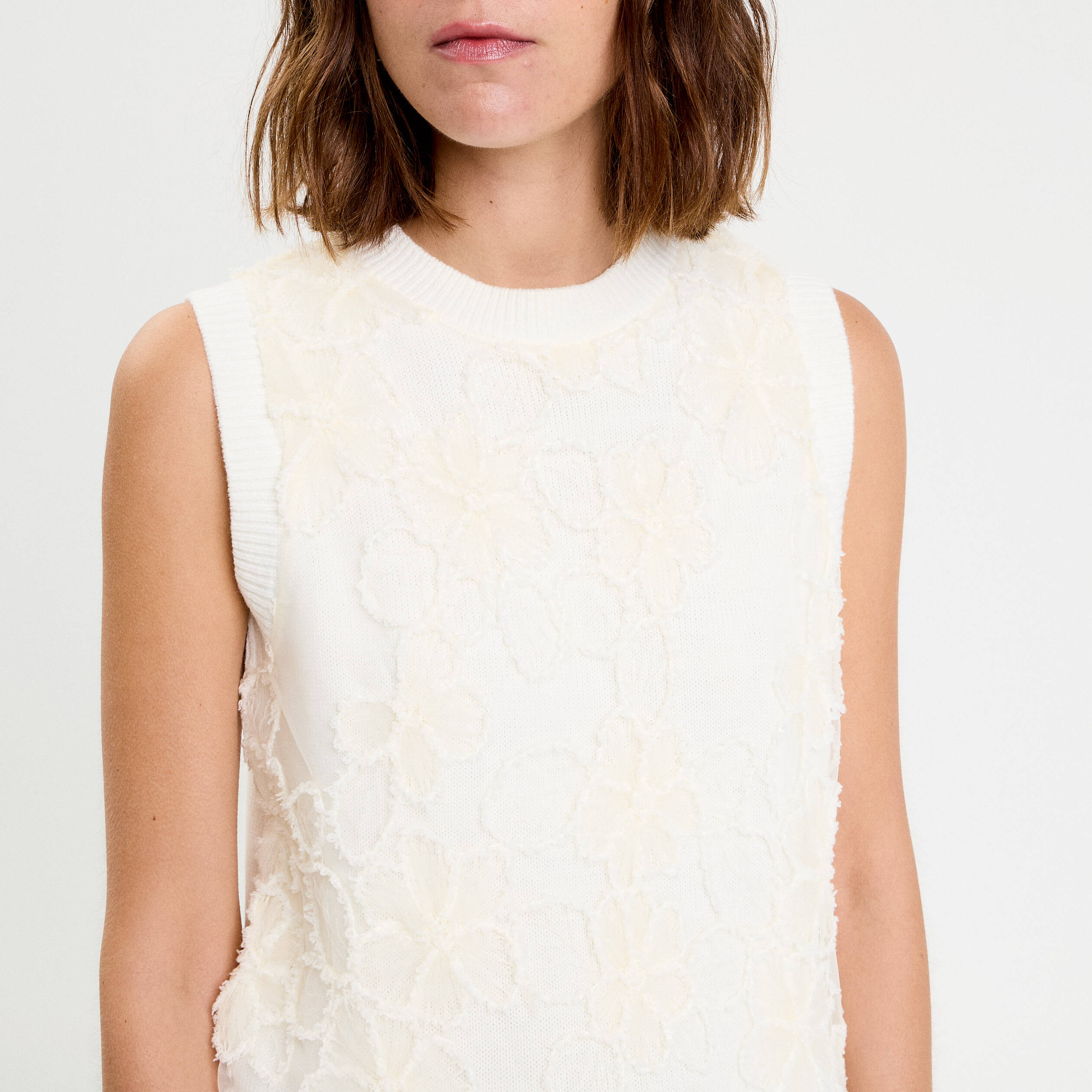 Pull sans manches &agrave; motif floral ecru femme