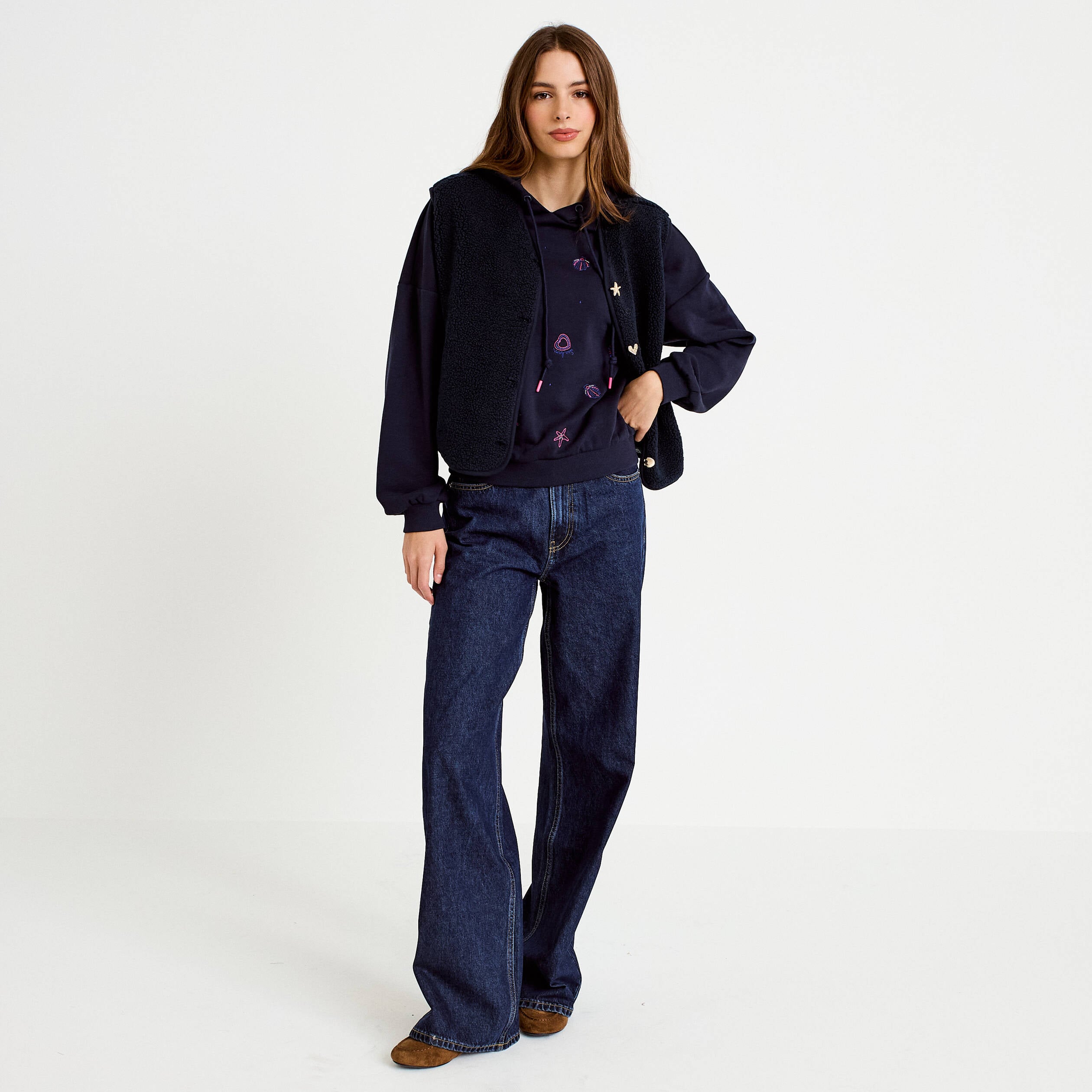 Sweat &agrave; capuche brod&eacute; manches longues bleu femme