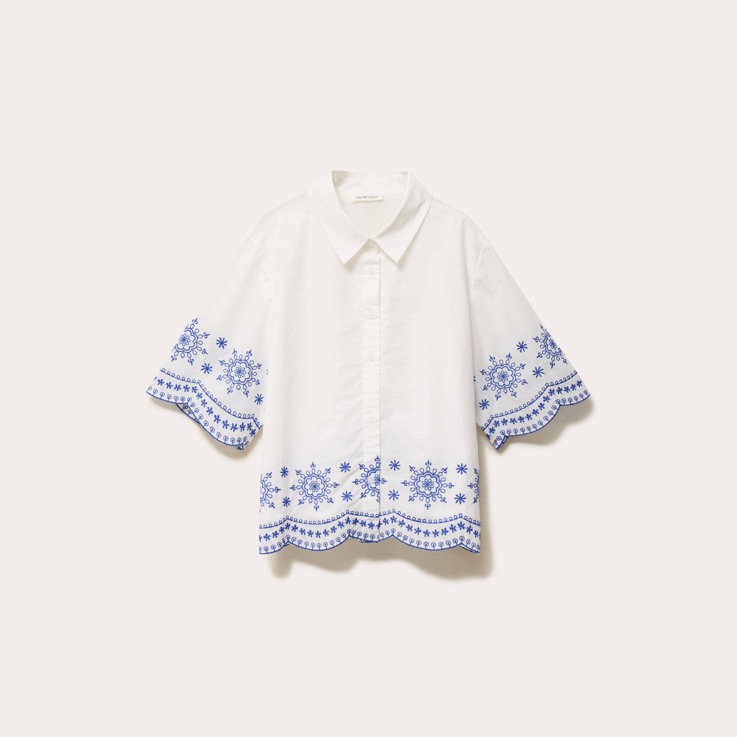 Chemise brod&eacute;e manches courtes ecru femme