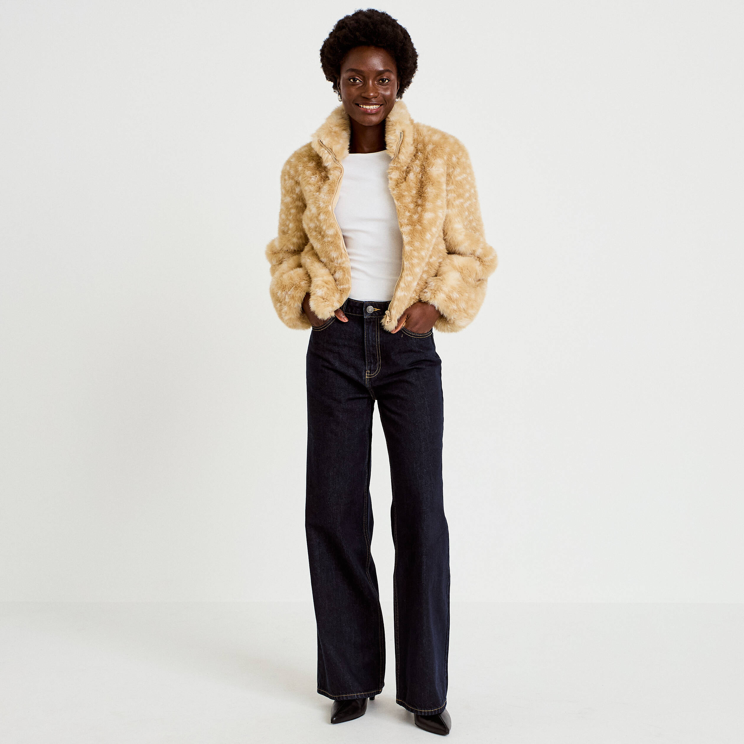 Veste cropped ajustable manches longues beige femme