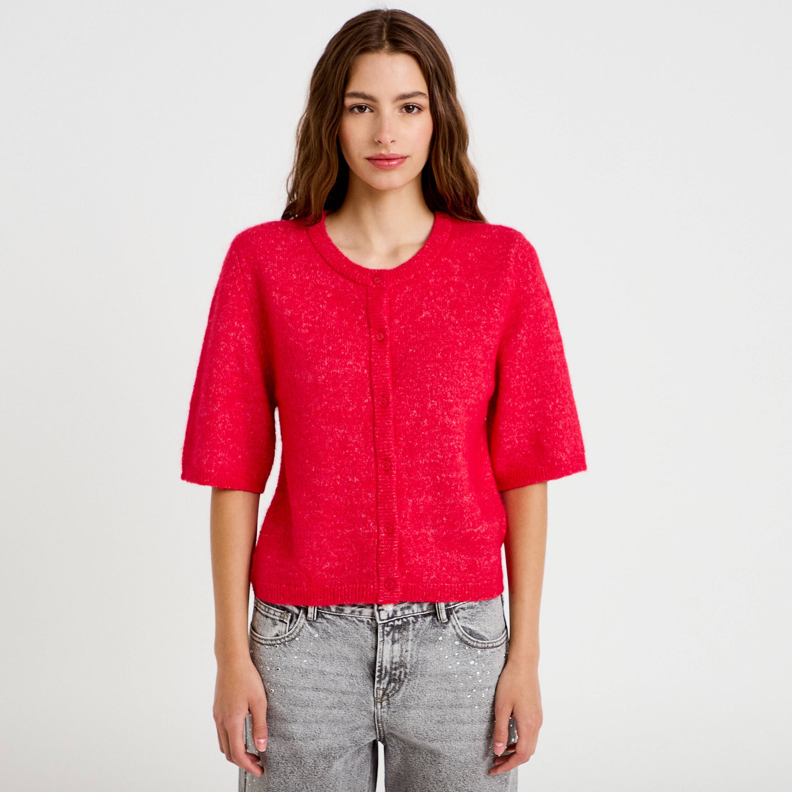 Gilet duveteux manches 3/4 rouge femme