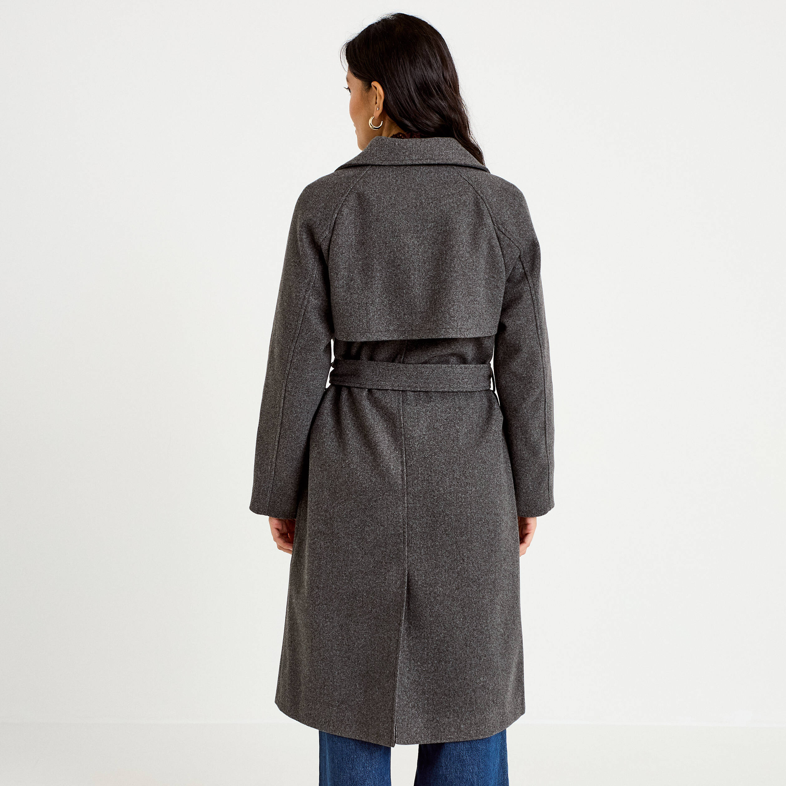 Manteau droit mi-long &agrave; manches longues gris femme