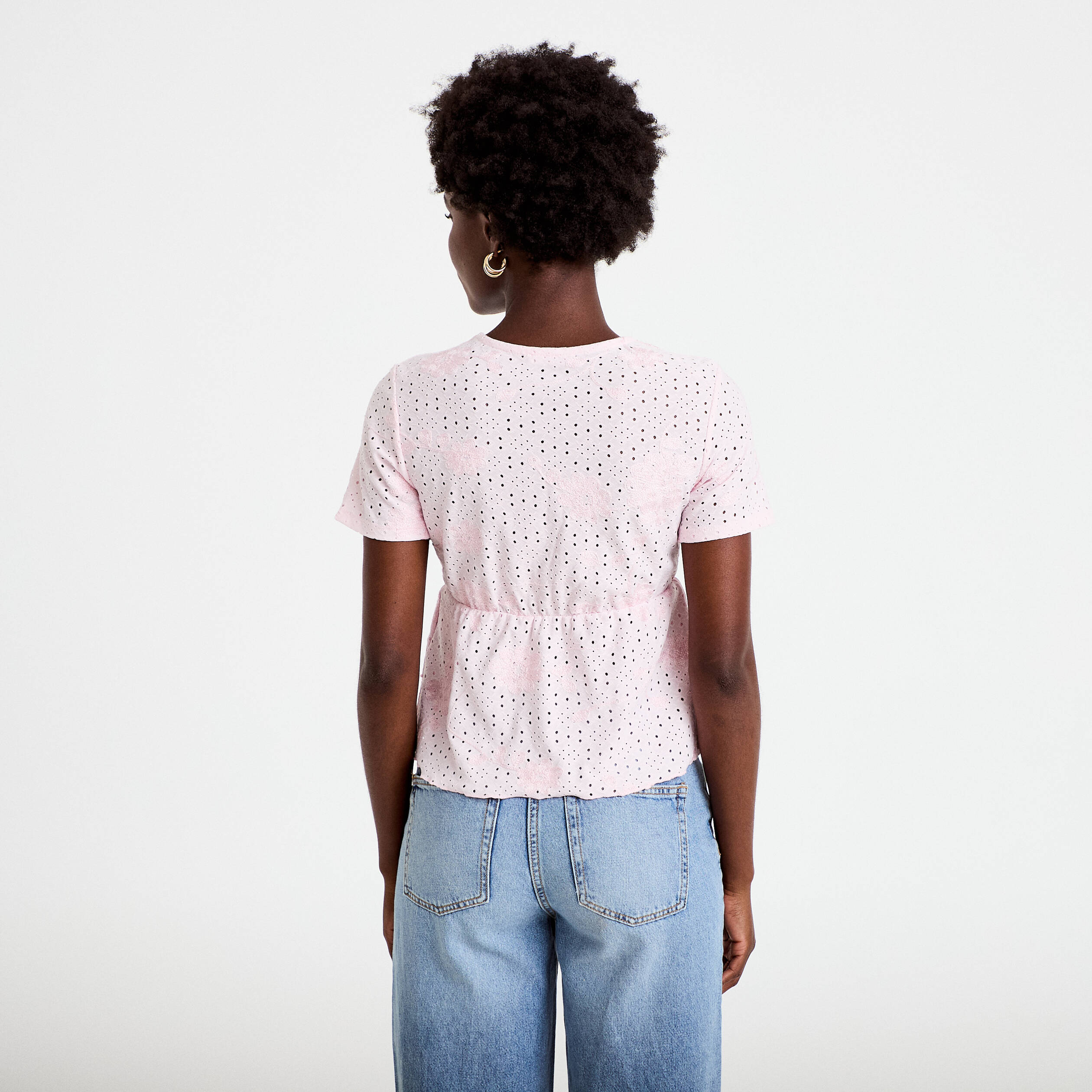 Blouse d&eacute;collet&eacute; manches courtes rose clair femme