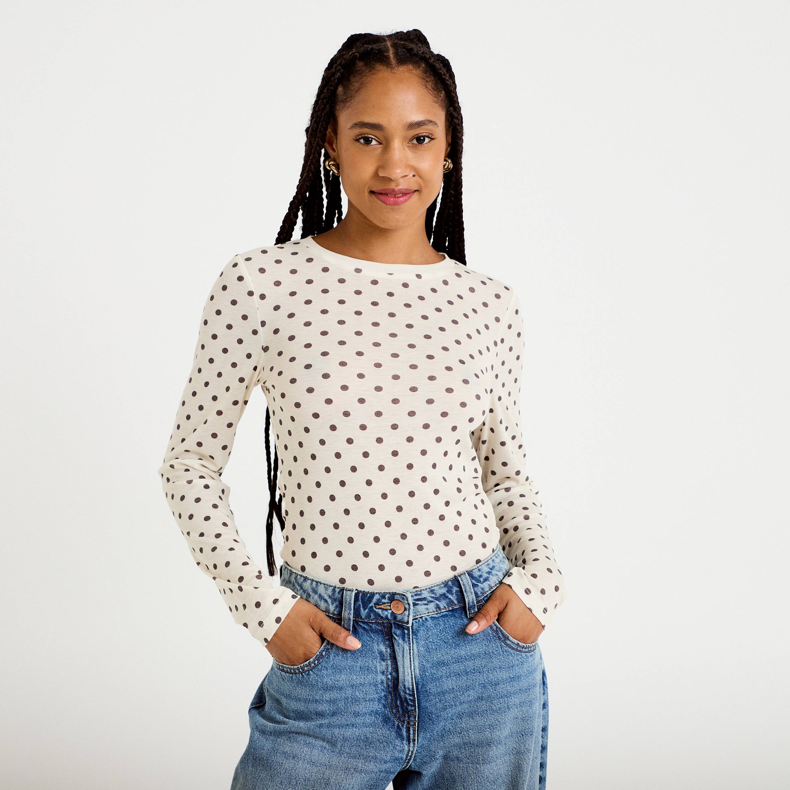 T-shirt ajust&eacute; col rond manches longues ivoire femme