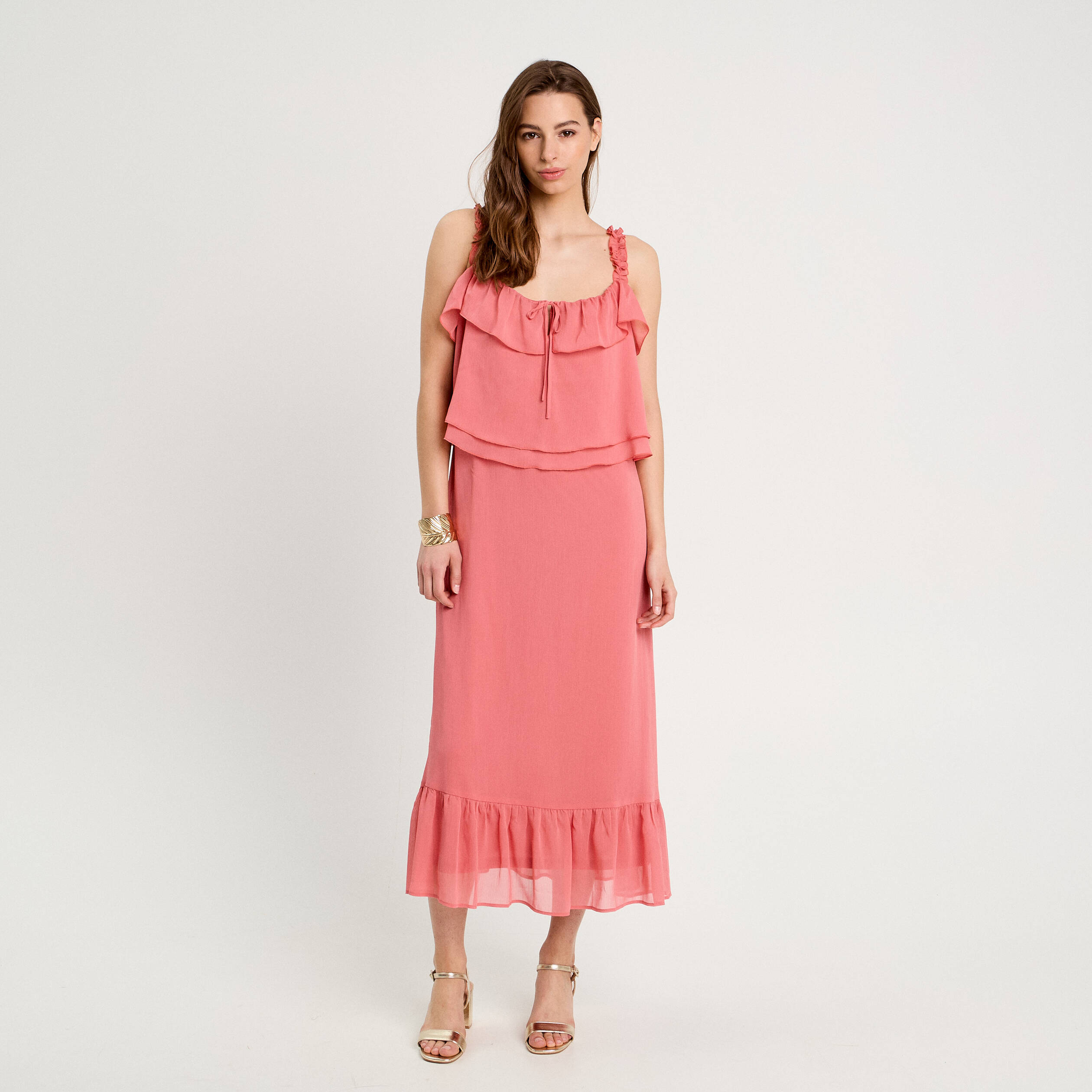 Robe longue droite volants rose pastel femme