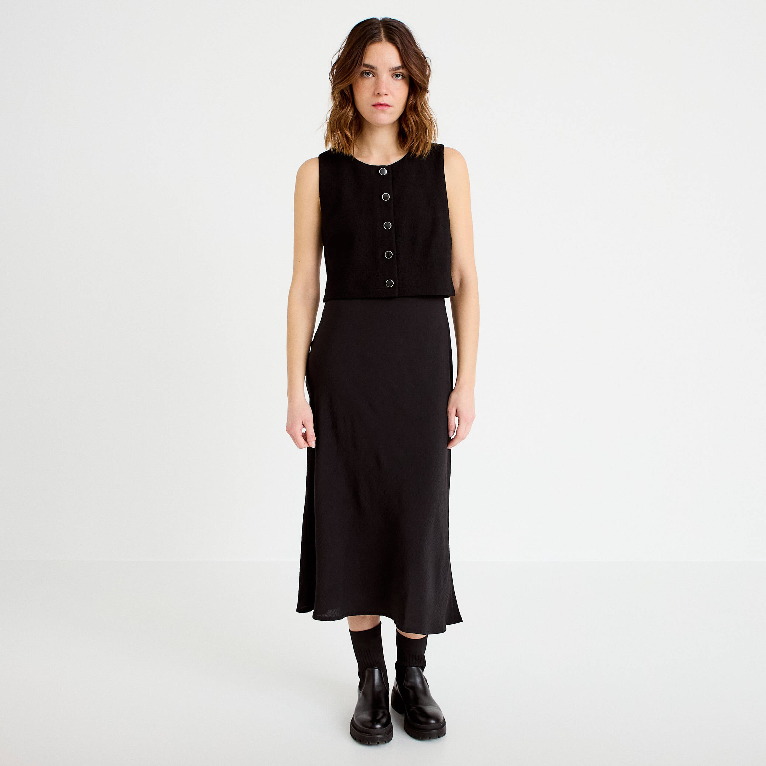 Robe bi-mati&egrave;re droite sans manches noir femme