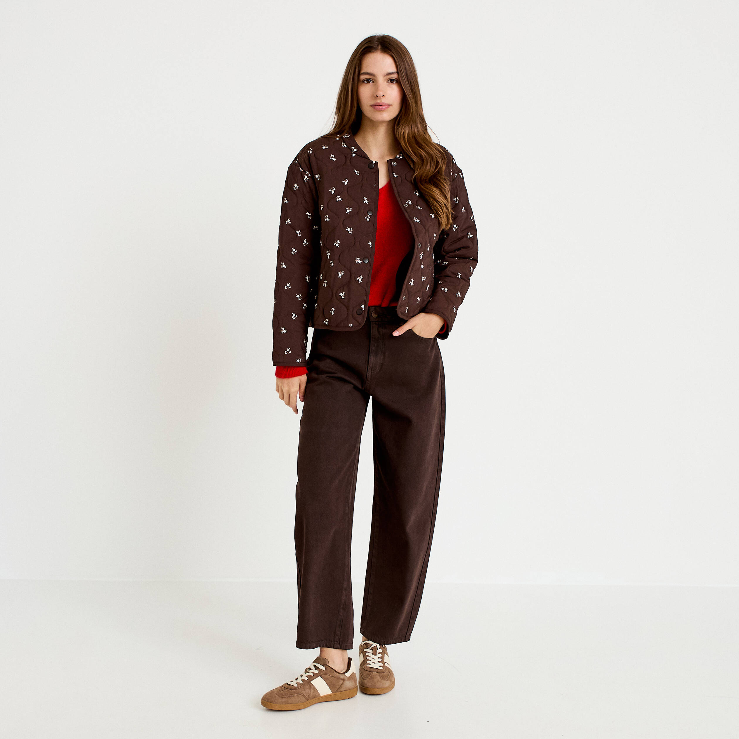 Veste droite manches longues marron fonc&eacute; femme