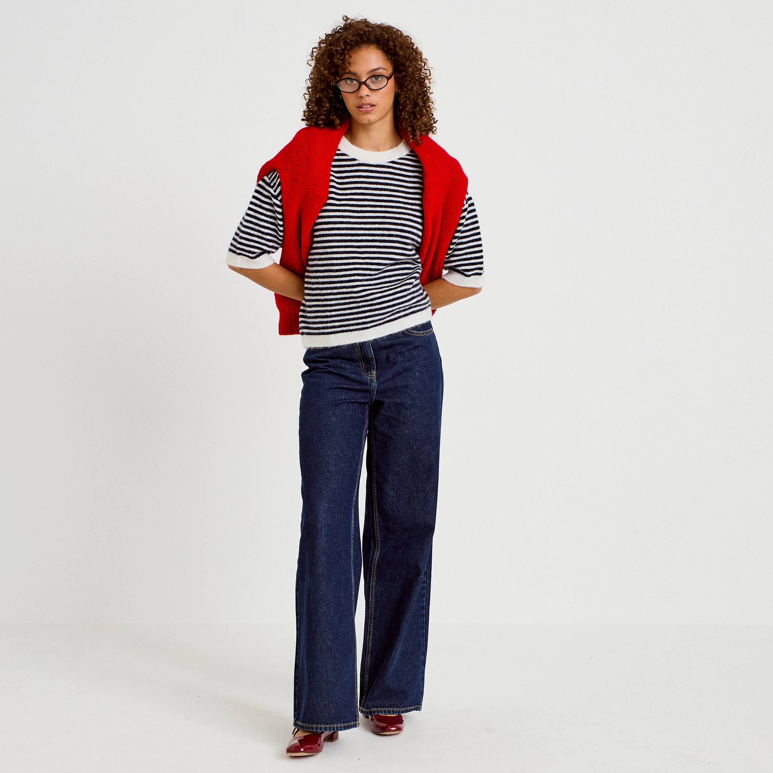 Pull ample duveteux manches courtes ecru femme