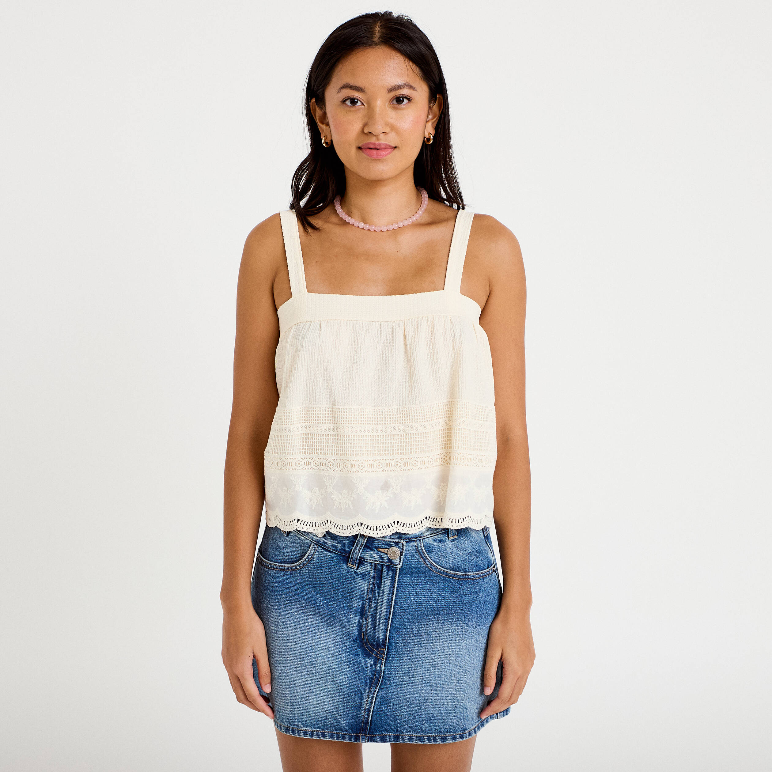 Top &agrave; bretelles broderie ecru femme