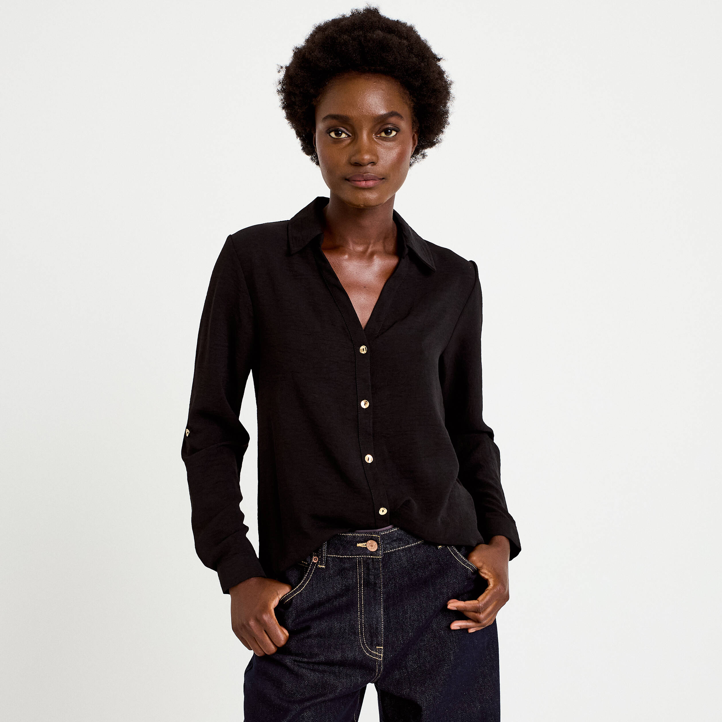 Chemise droite pliss&eacute;e manches longues noir femme