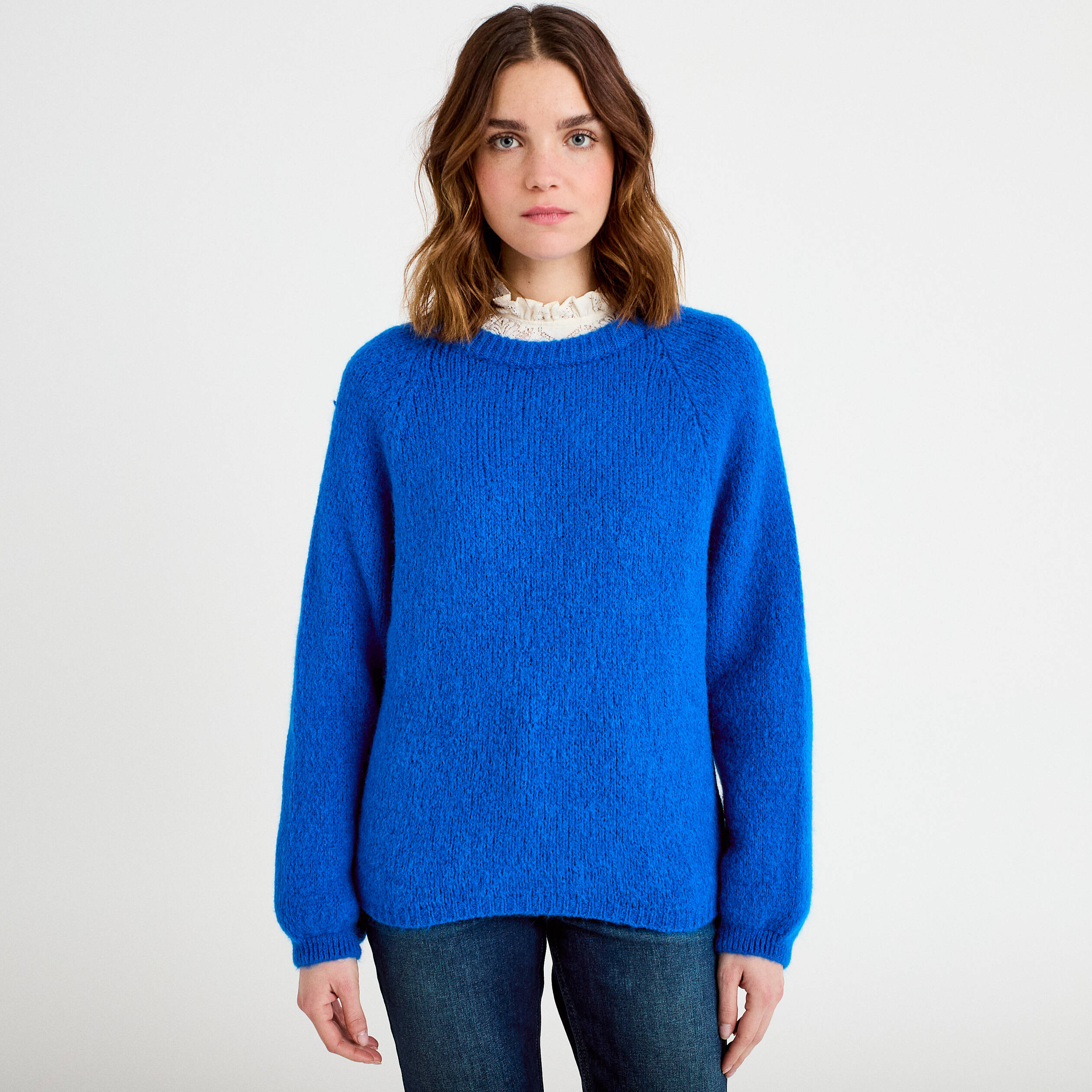 Pull ample col rond manches longues bleu electrique femme