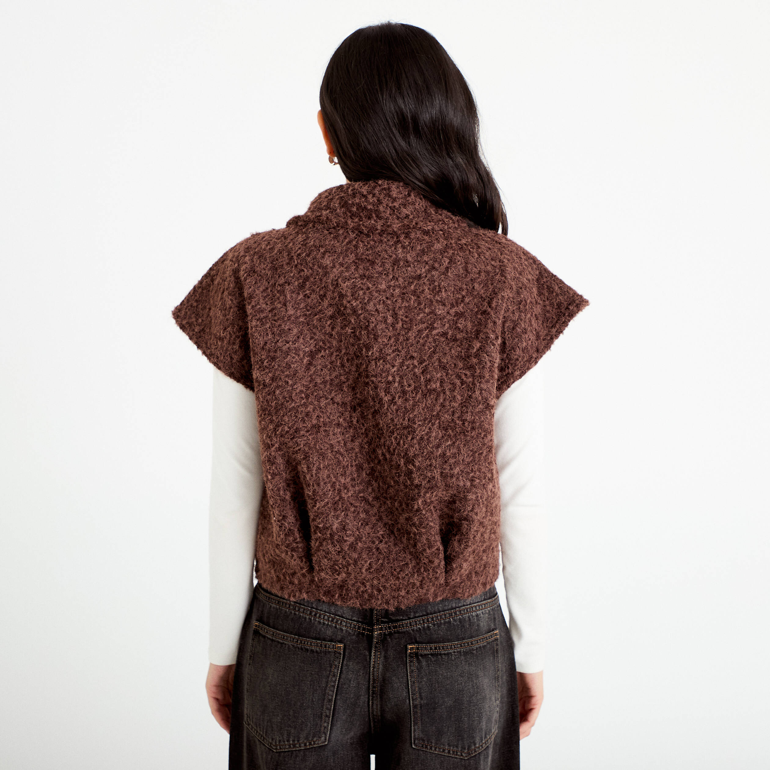 Veste sans manches bouclette col rond marron clair femme