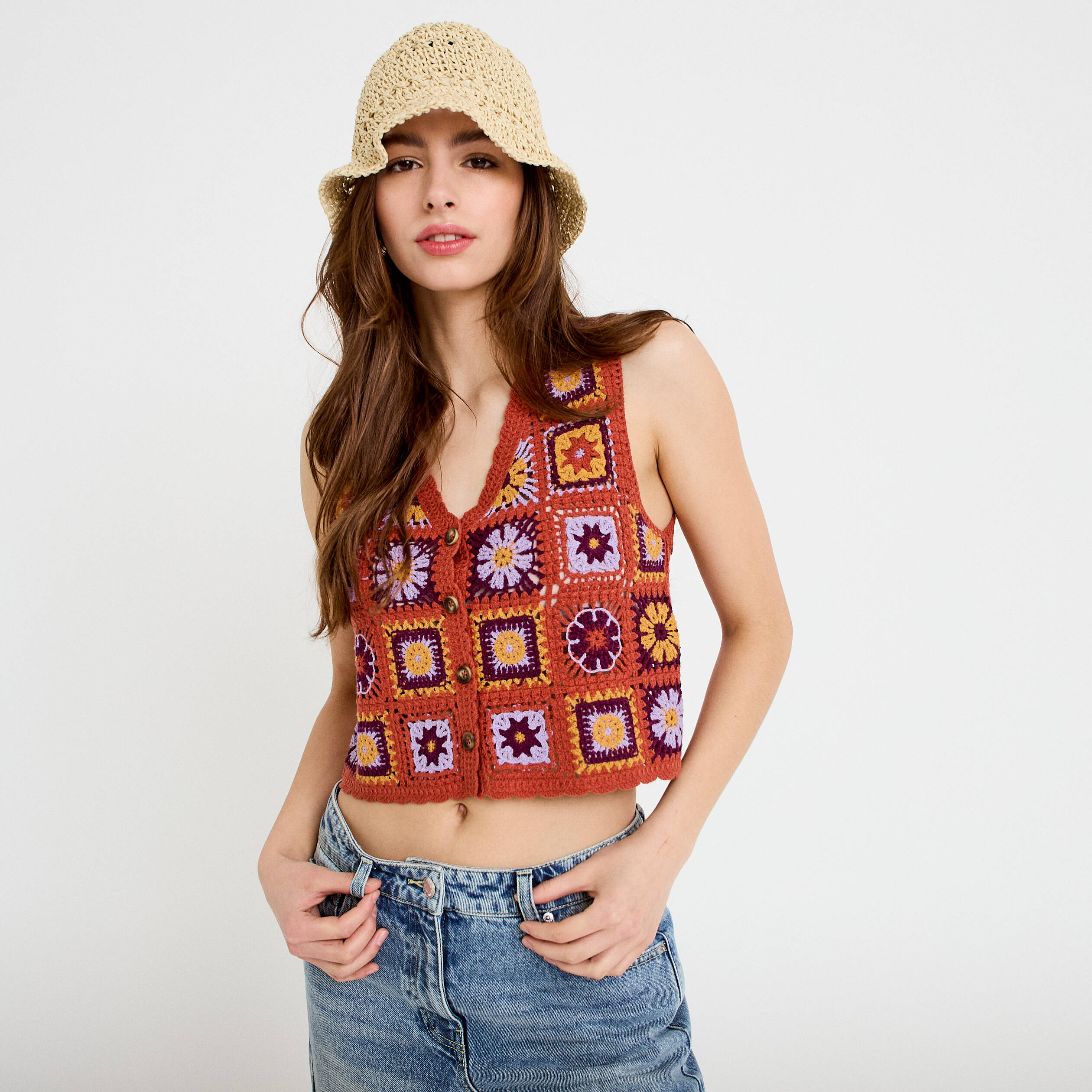 Gilet sans manches macram&eacute; vieux rose femme