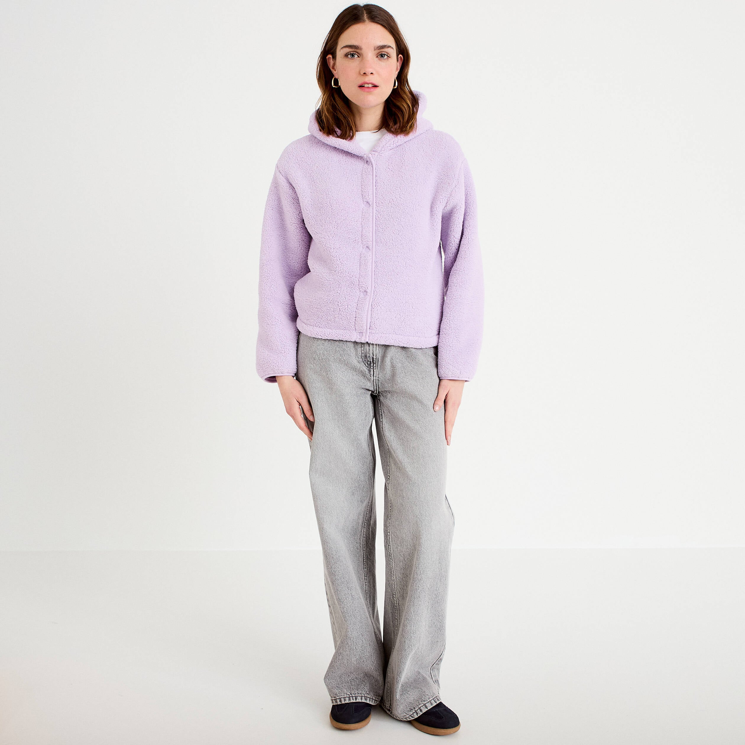 Veste effet polaire &agrave; capuche parme femme