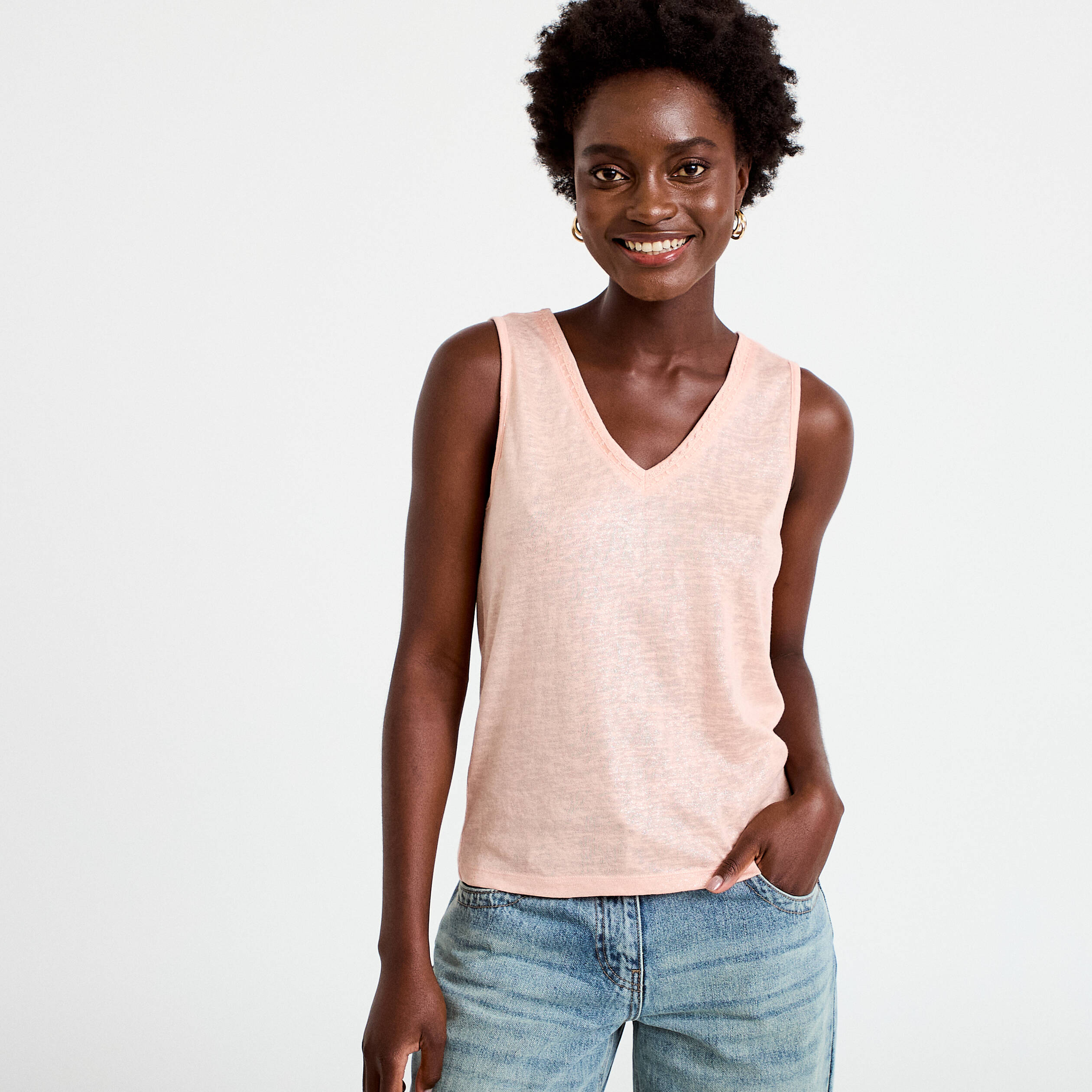 D&eacute;bardeur col v rose saumon femme