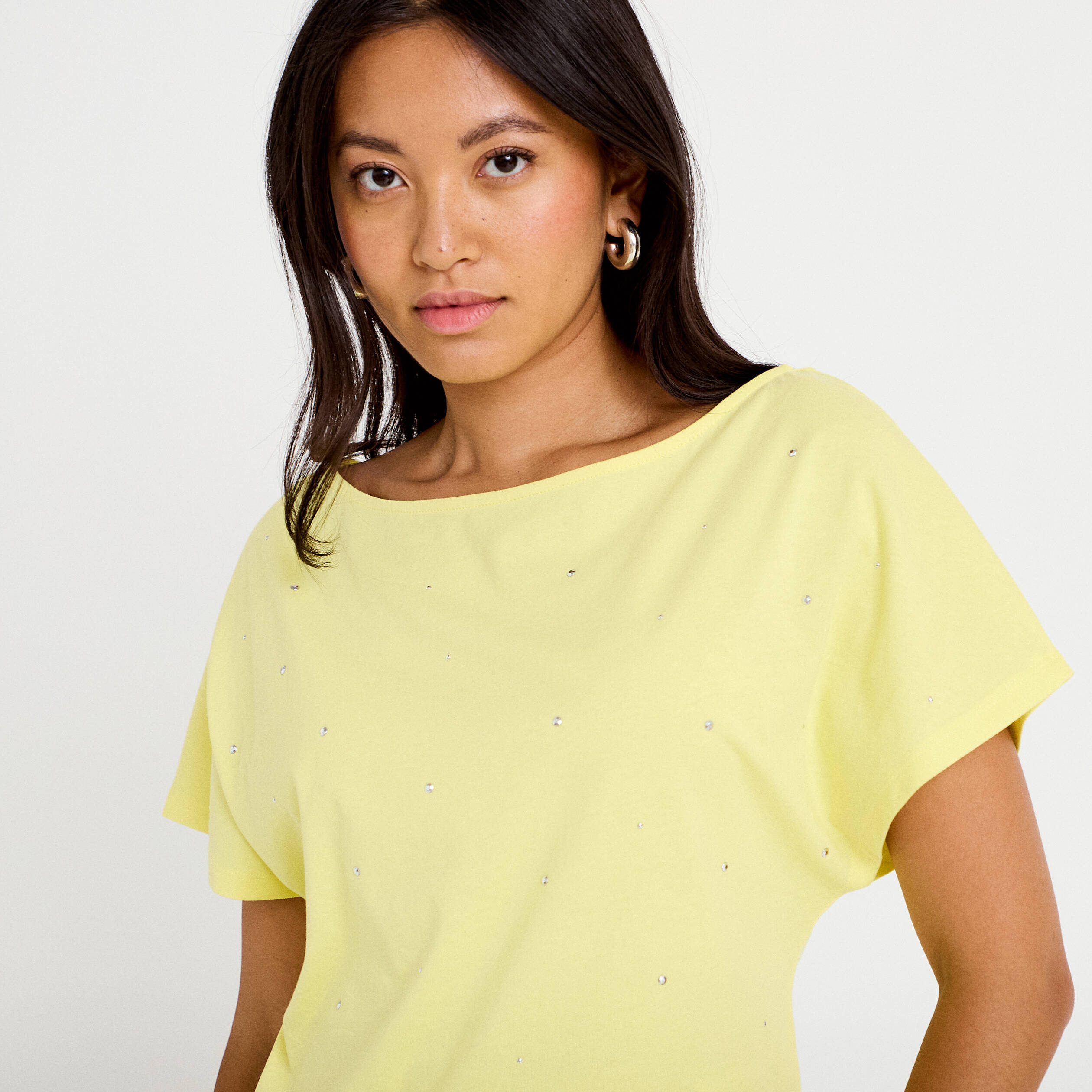 T-shirt col bateau manches courtes jaune citron femme