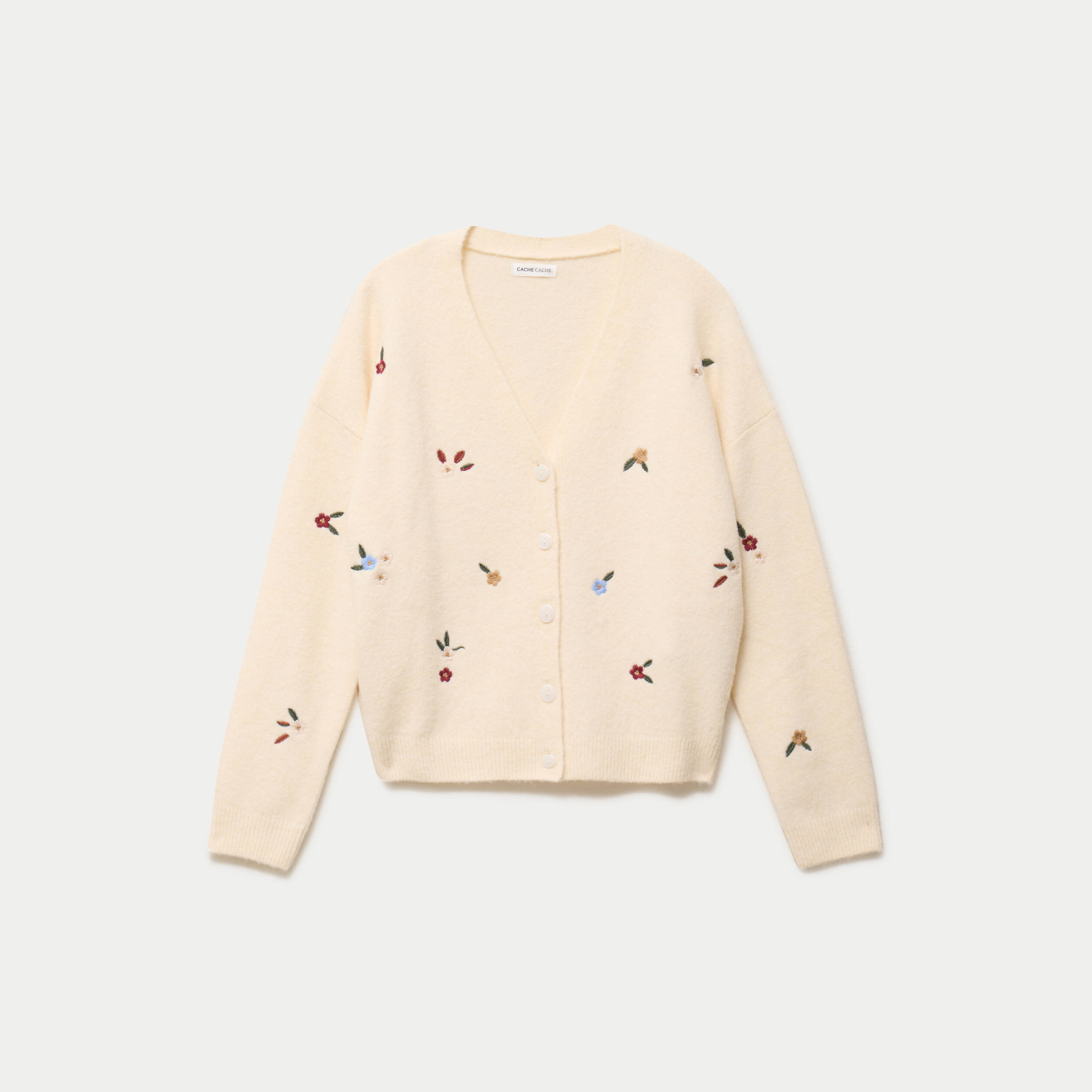 Gilet manches longues fleurs brod&eacute;es sable femme
