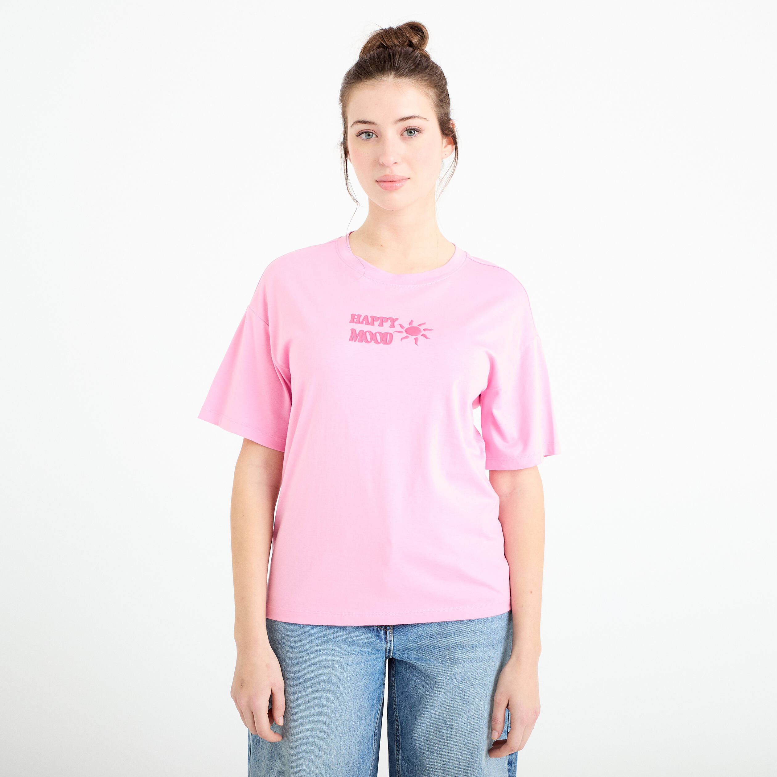 T-shirt col rond manches courtes rose corail femme