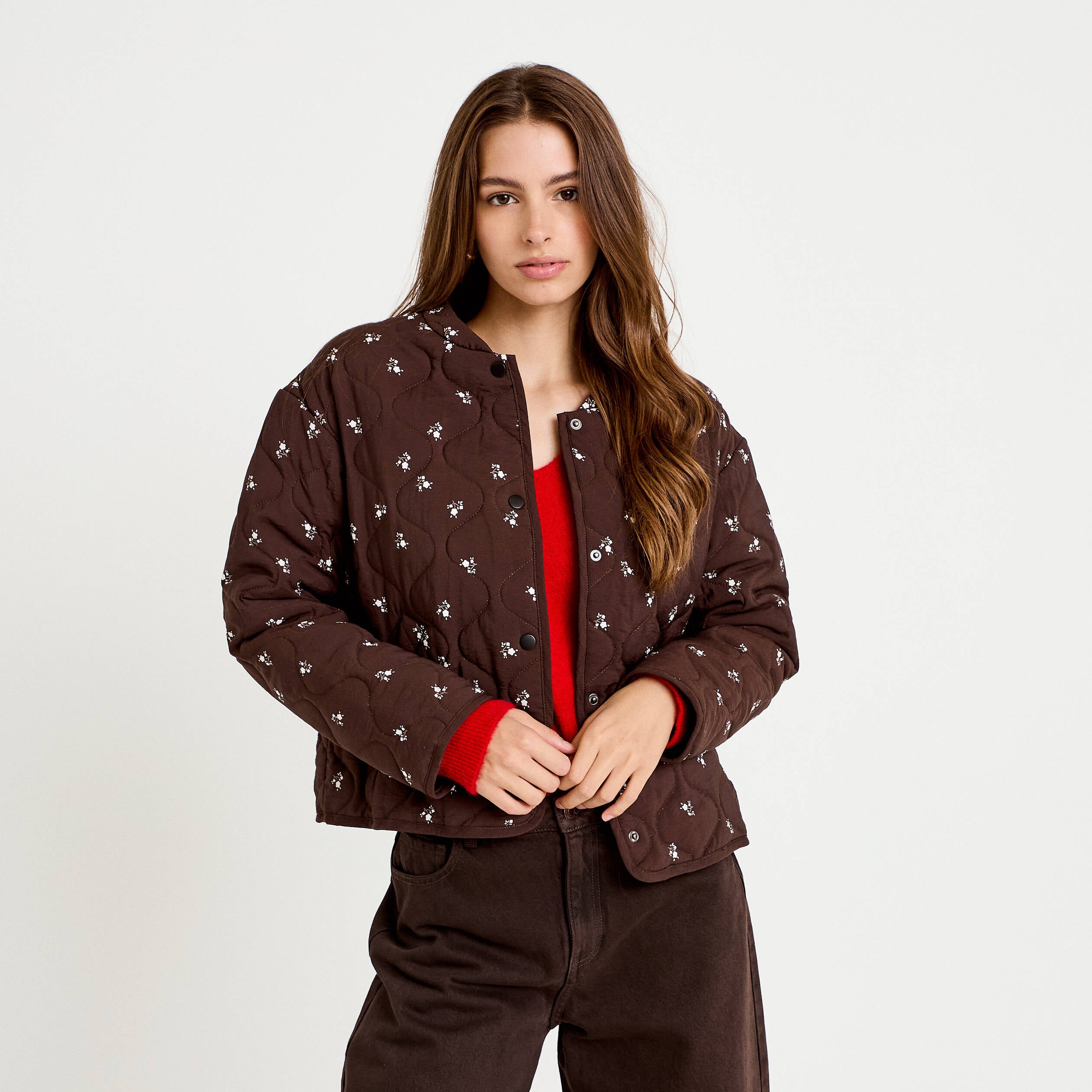 Veste droite manches longues marron fonc&eacute; femme