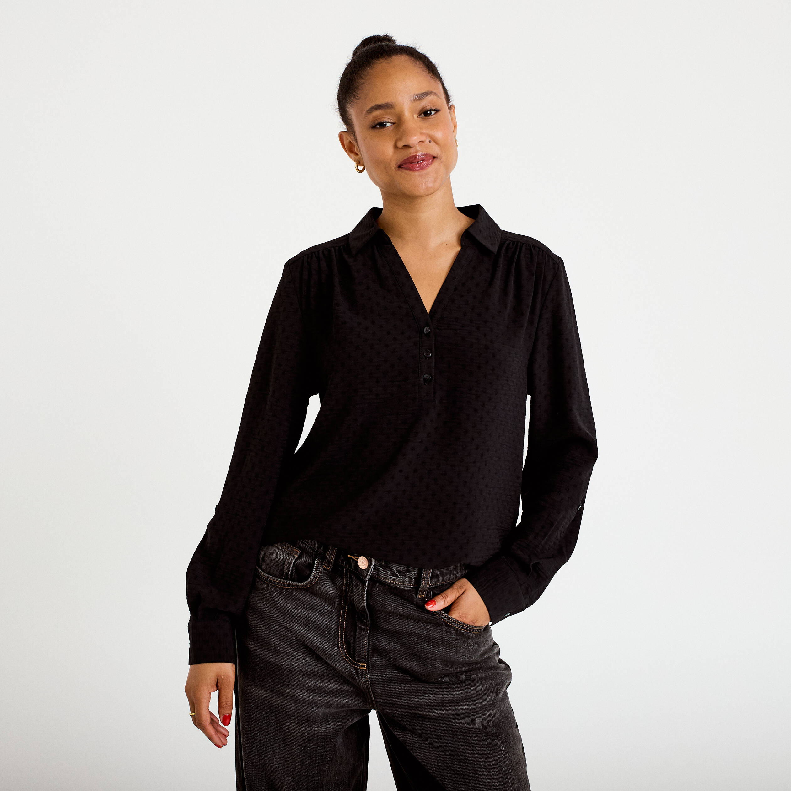 Blouse droite manches longues noir femme