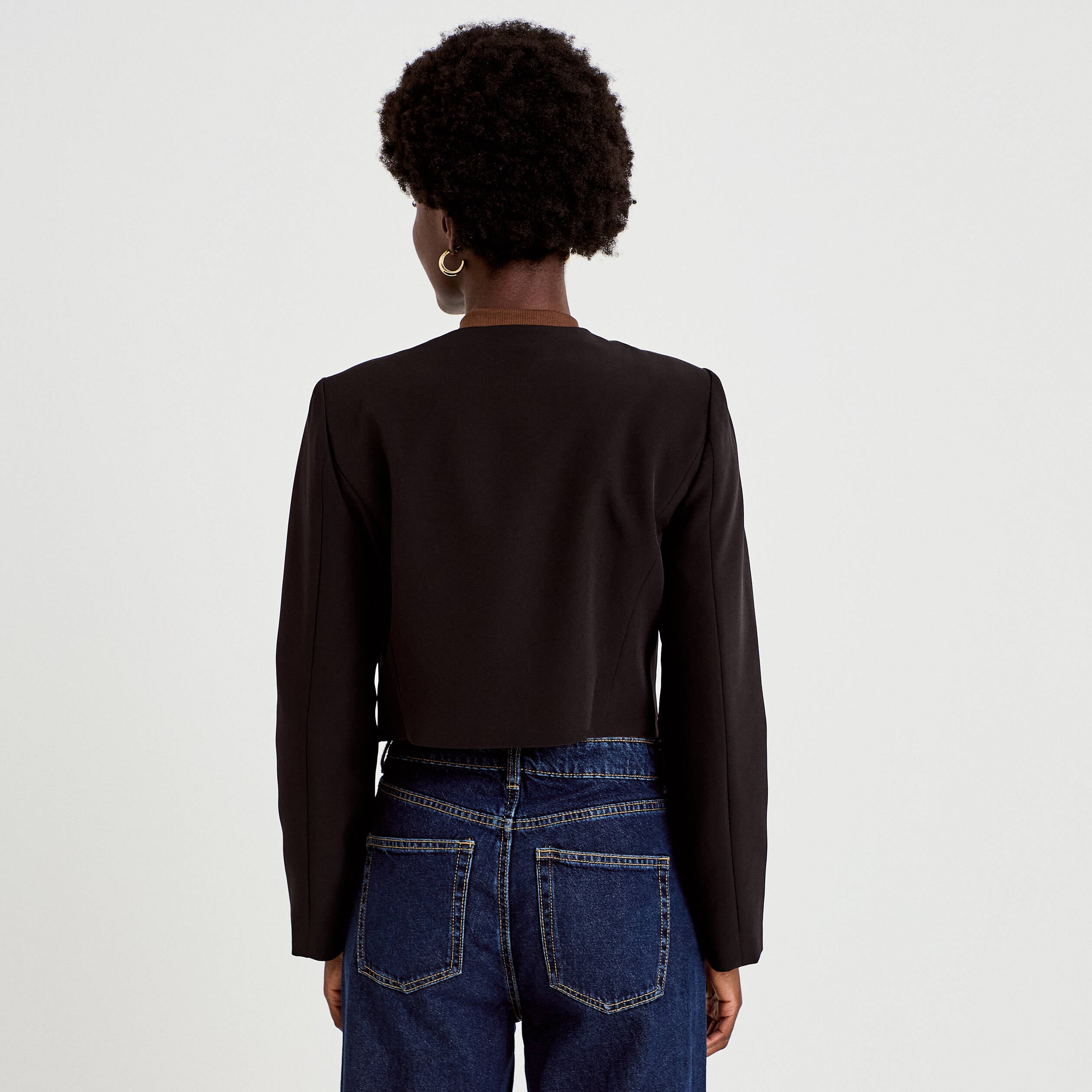 Blazer droit cropped col rond noir femme