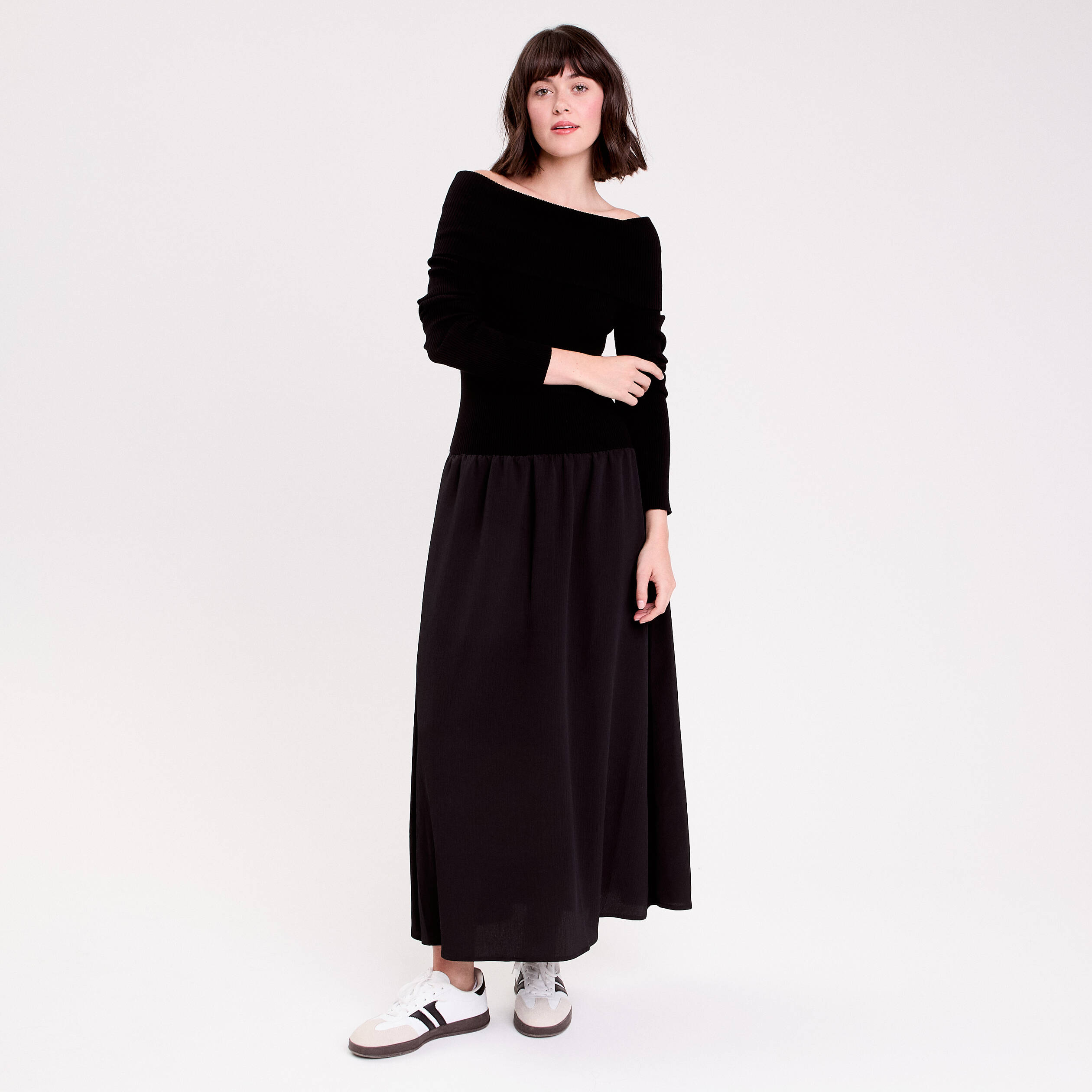 Robe longue effet 2-en-1 col bardot noir femme
