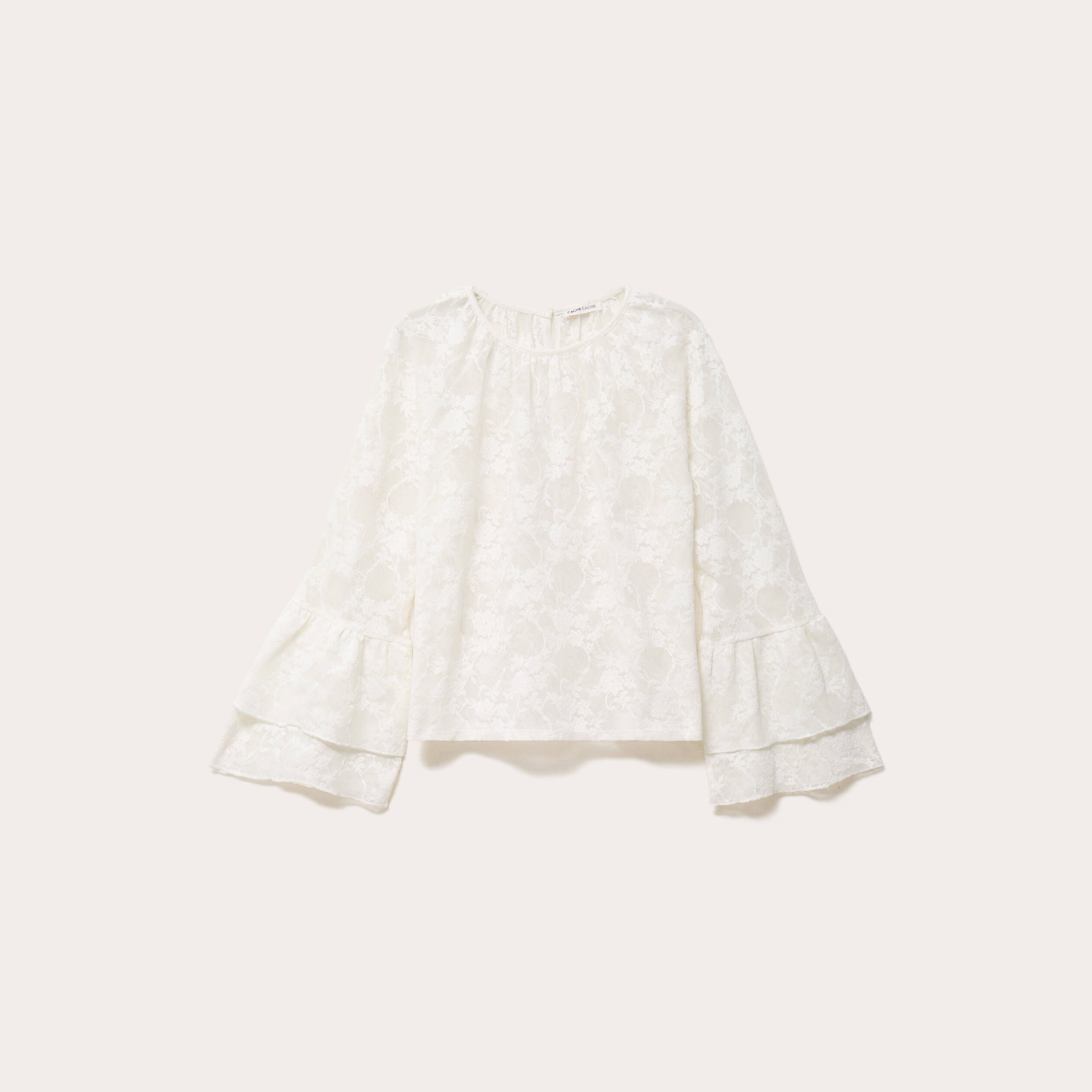 Blouse col rond manches longues dentelle ecru femme