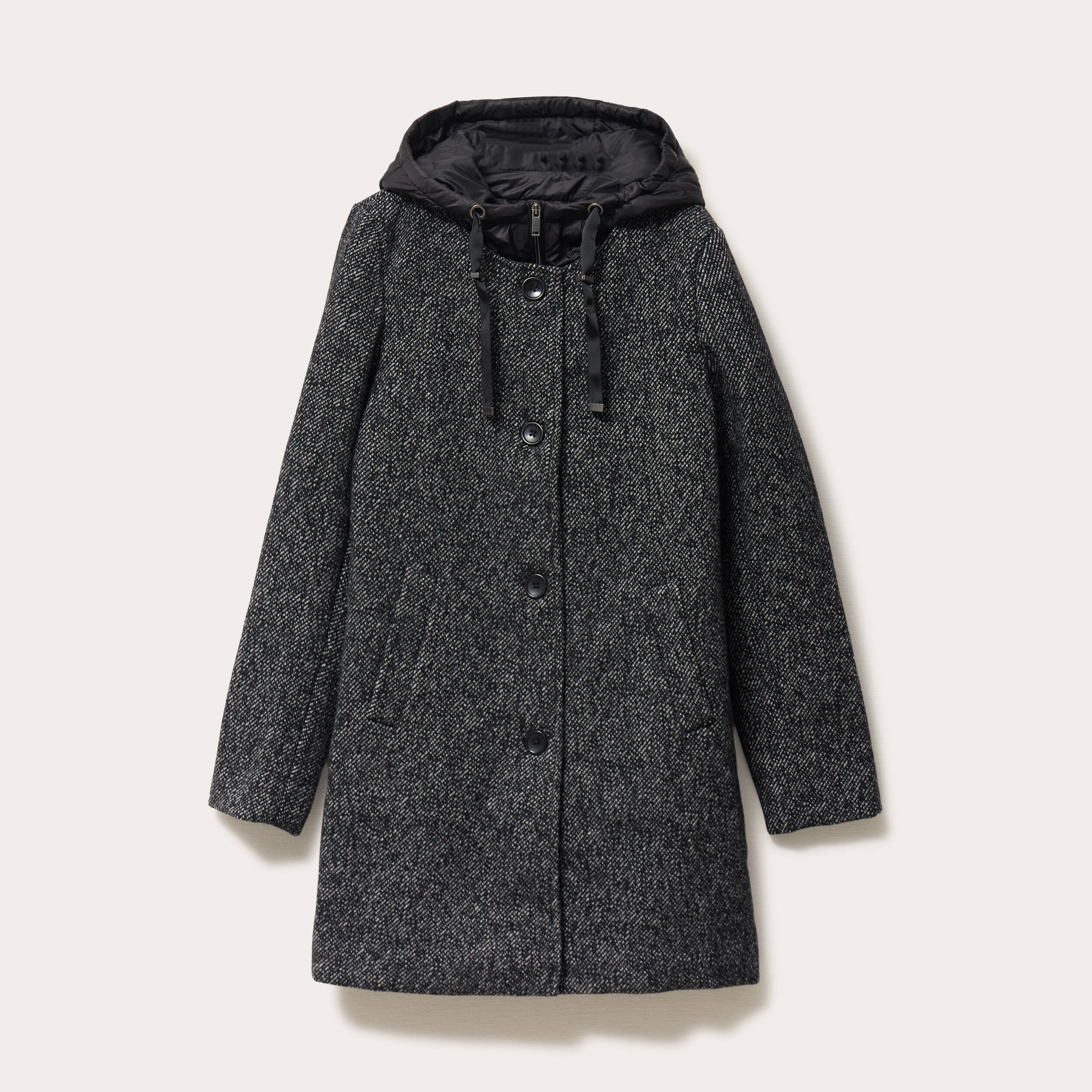 Manteau droit long &agrave; capuche noir femme