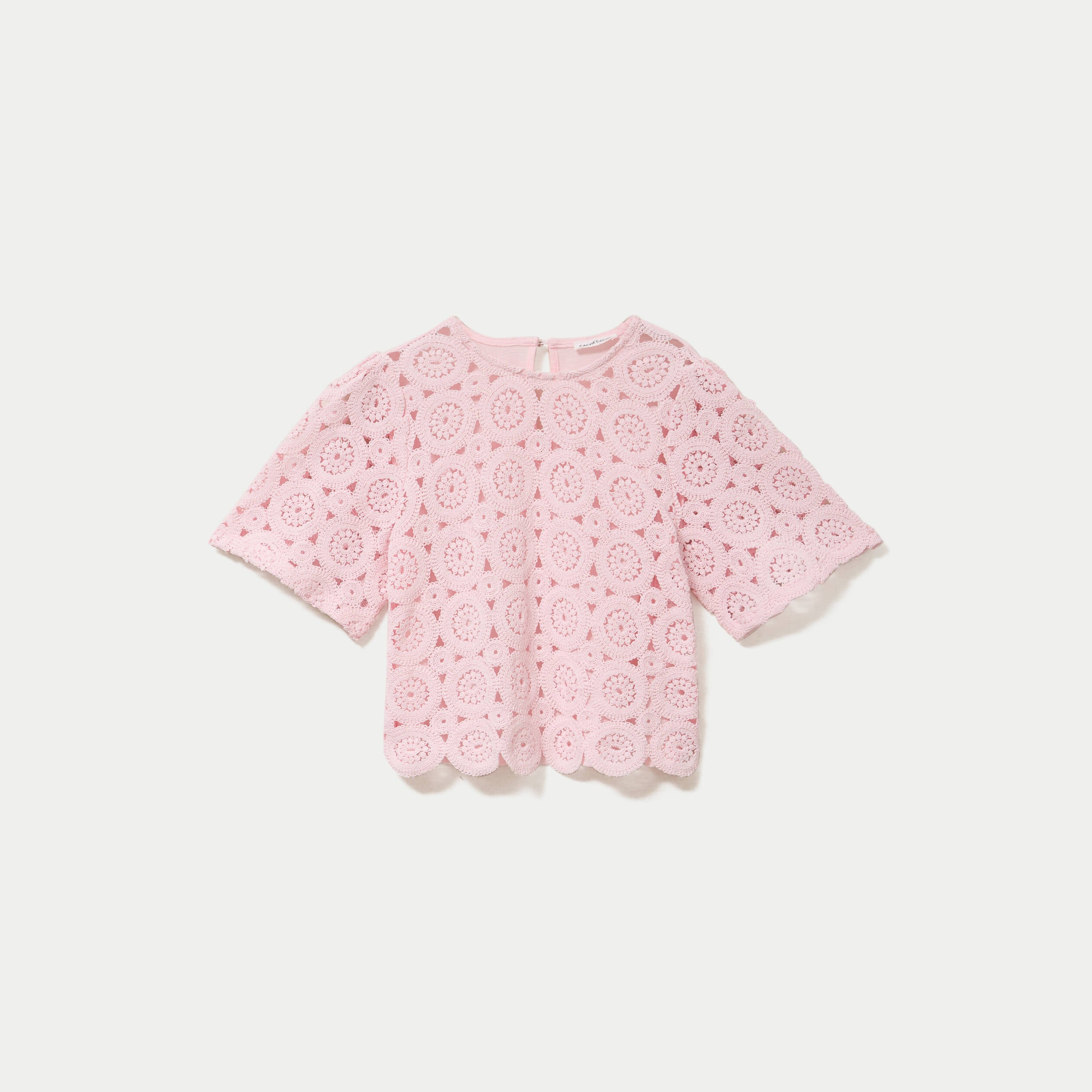 T-shirt macram&eacute; col rond rose clair femme