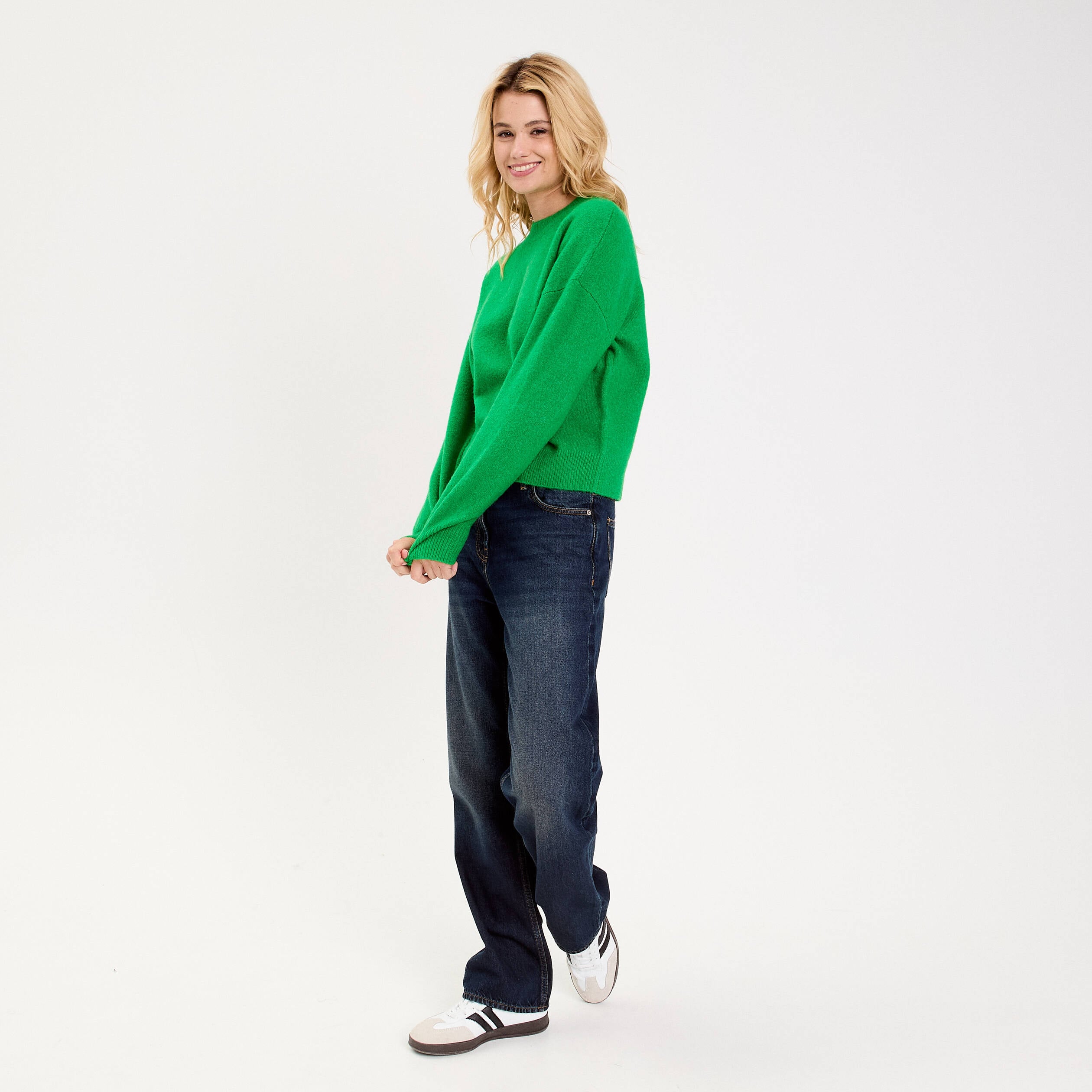 Pull col rond vert femme