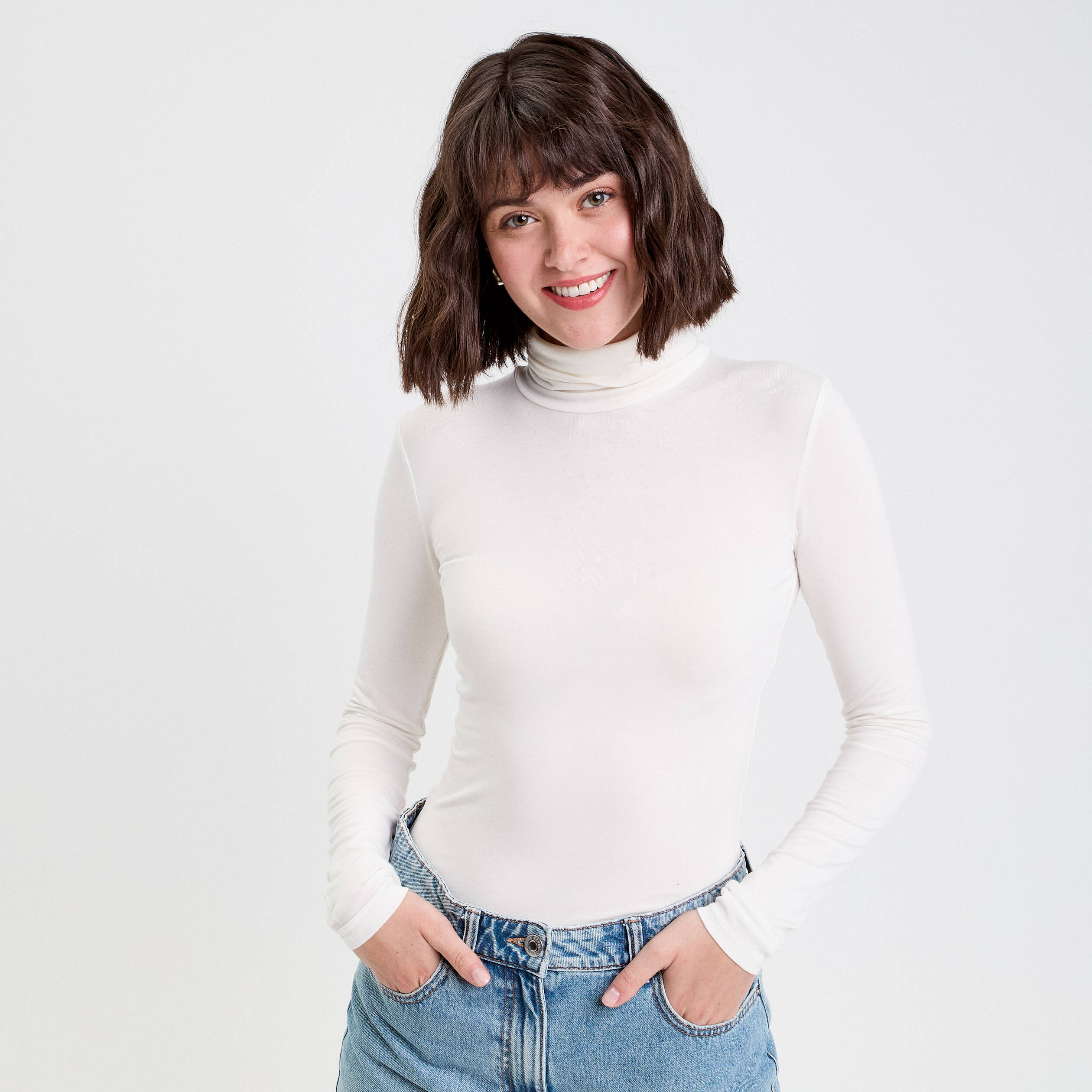 T-shirt uni &agrave; manches longues ecru femme