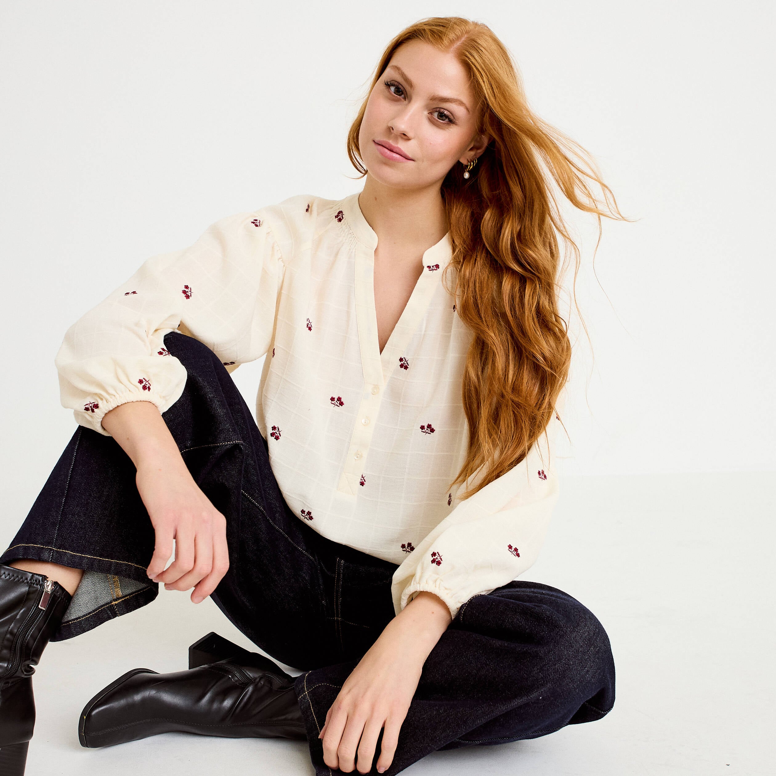 Blouse avec broderie bordeaux femme