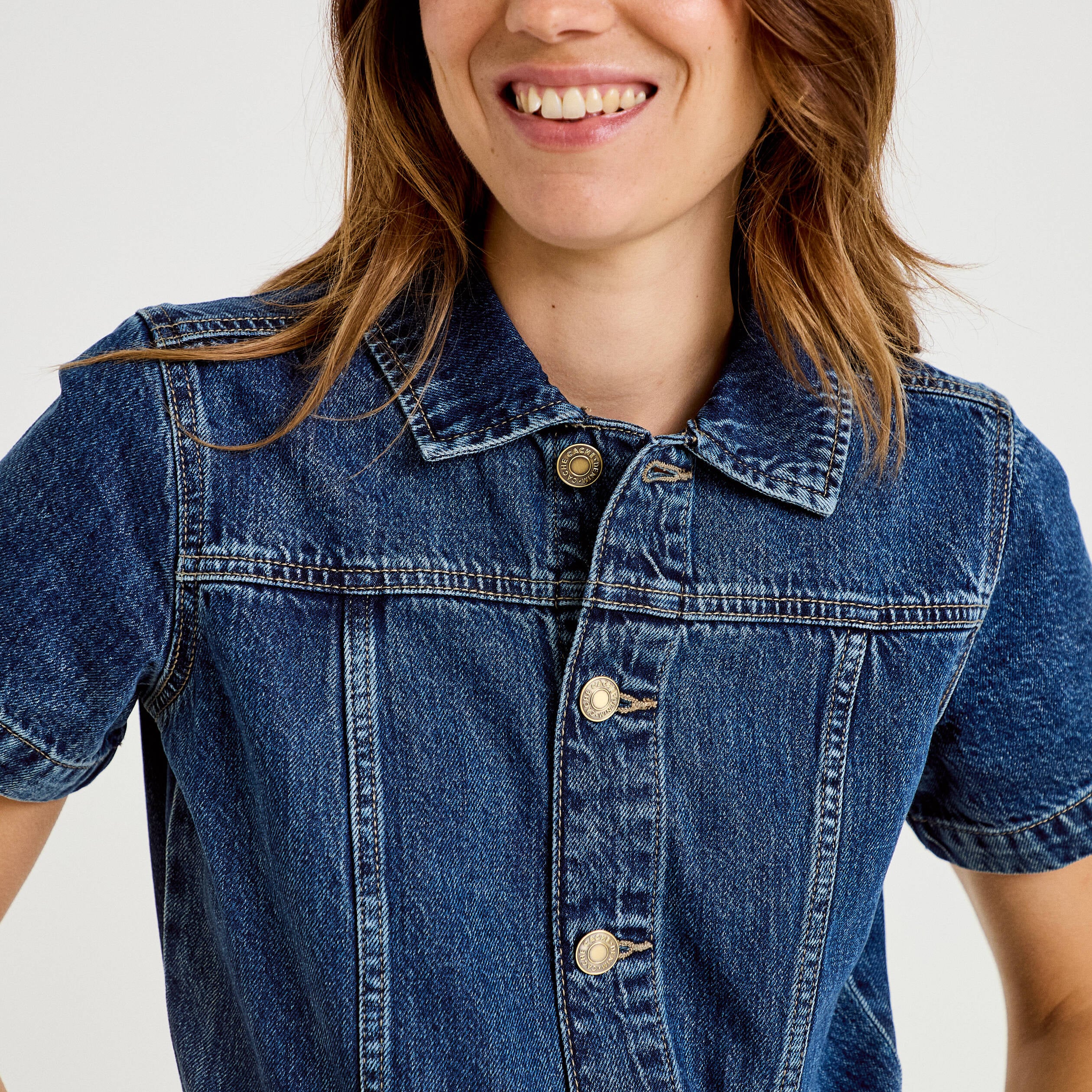 Combinaison jean flare col am&eacute;ricain denim stone femme