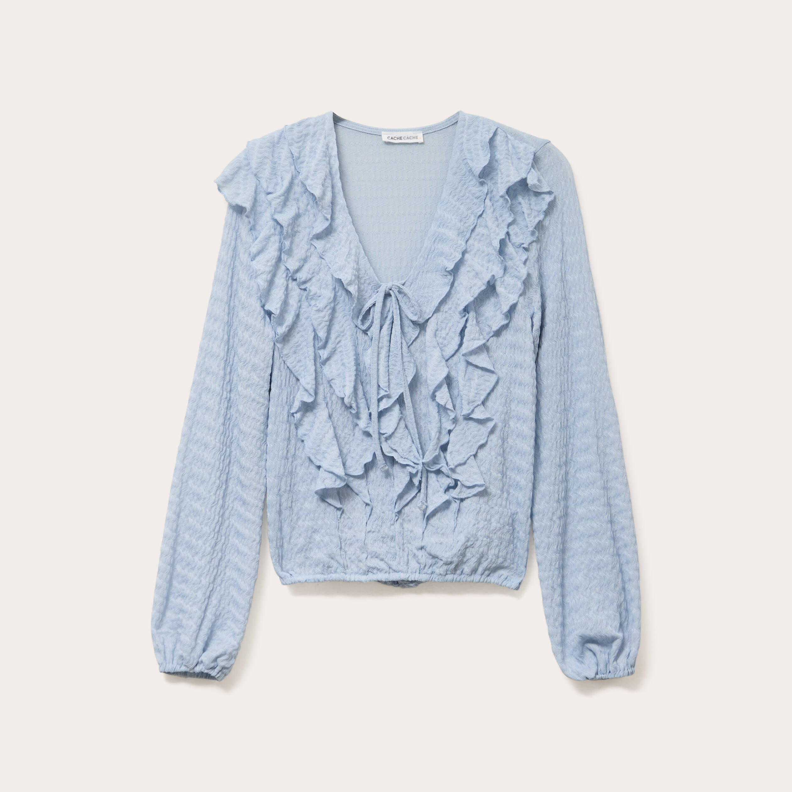 Blouse manches longues aspect dentelle bleu clair femme