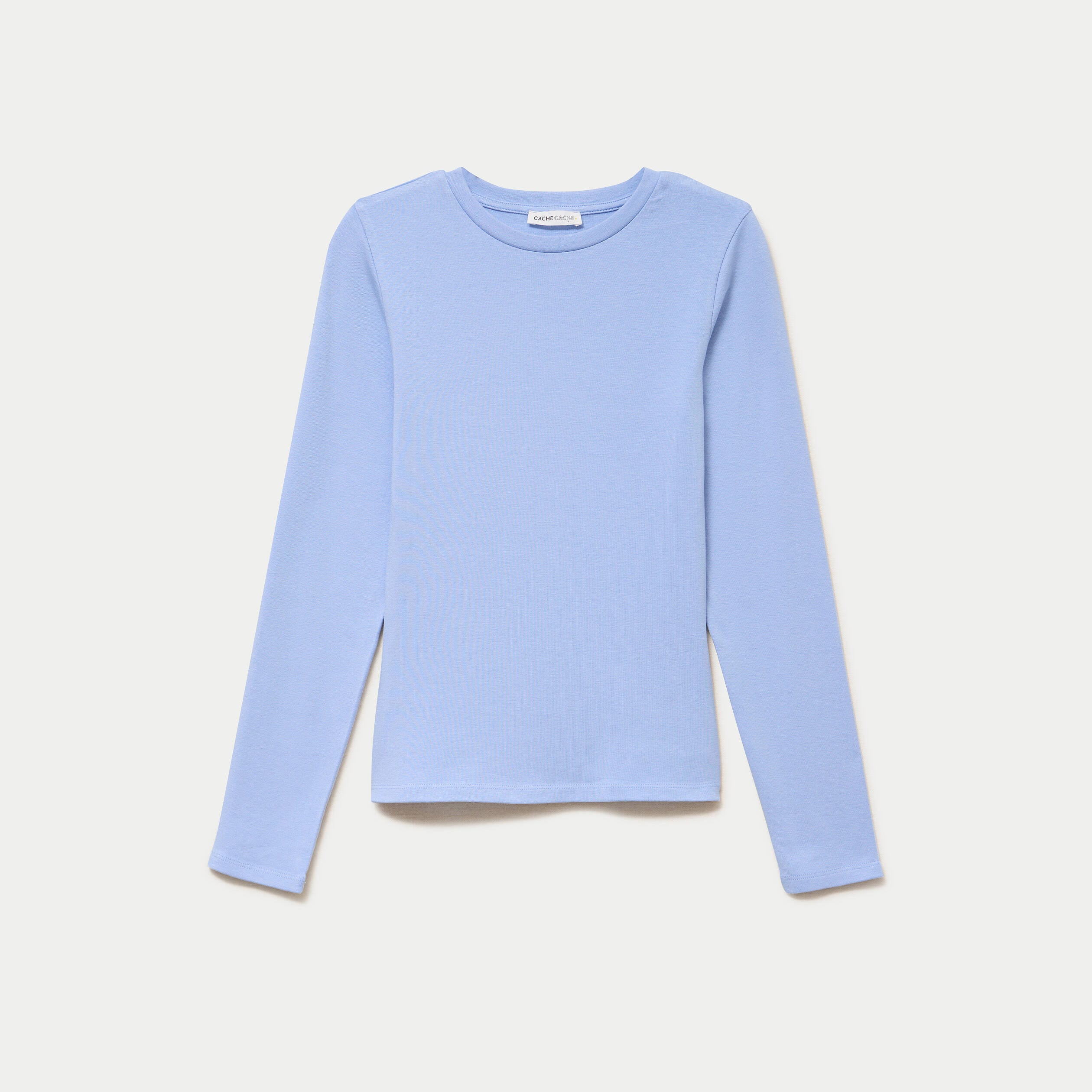 T-shirt cintr&eacute; col rond manches longues bleu clair femme