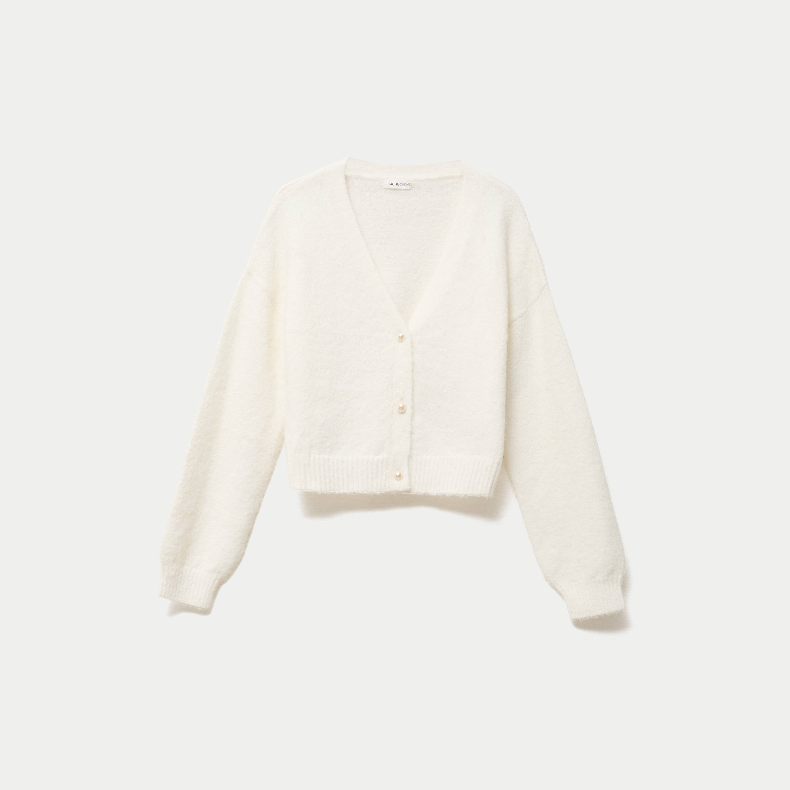Gilet court ajust&eacute; col v manches longues ecru femme