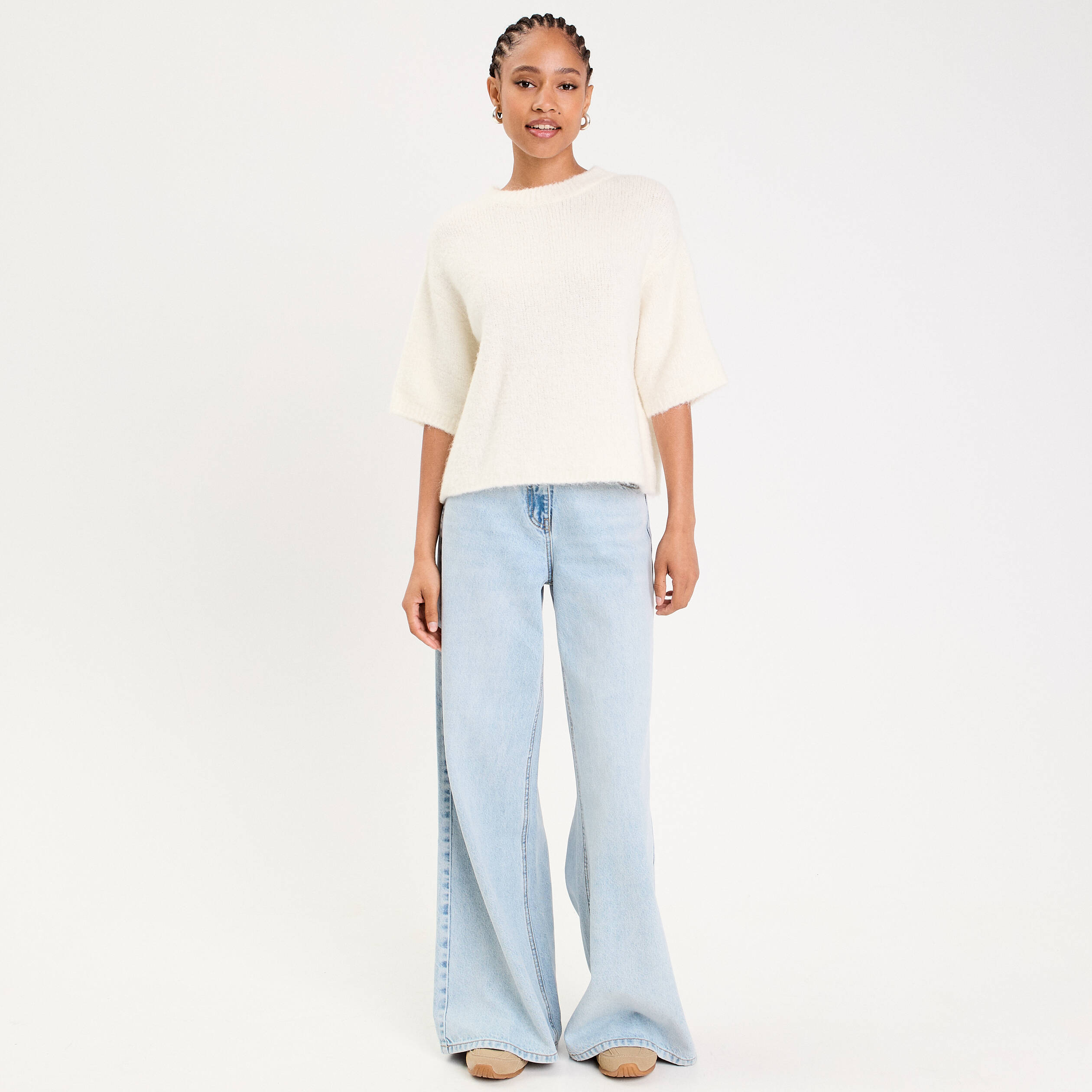 Pull manches courtes ecru femme