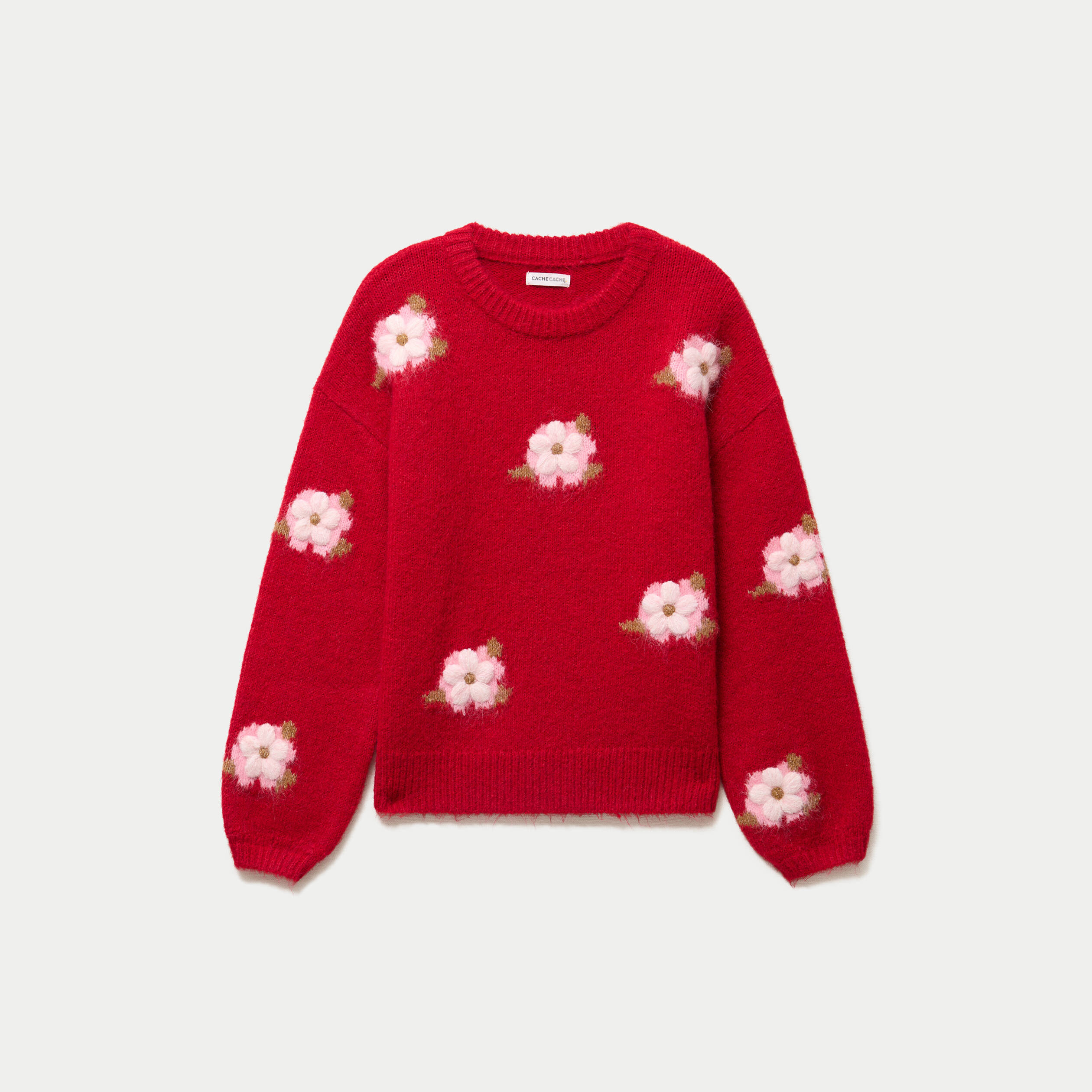 Pull ample col rond manches longues rouge femme