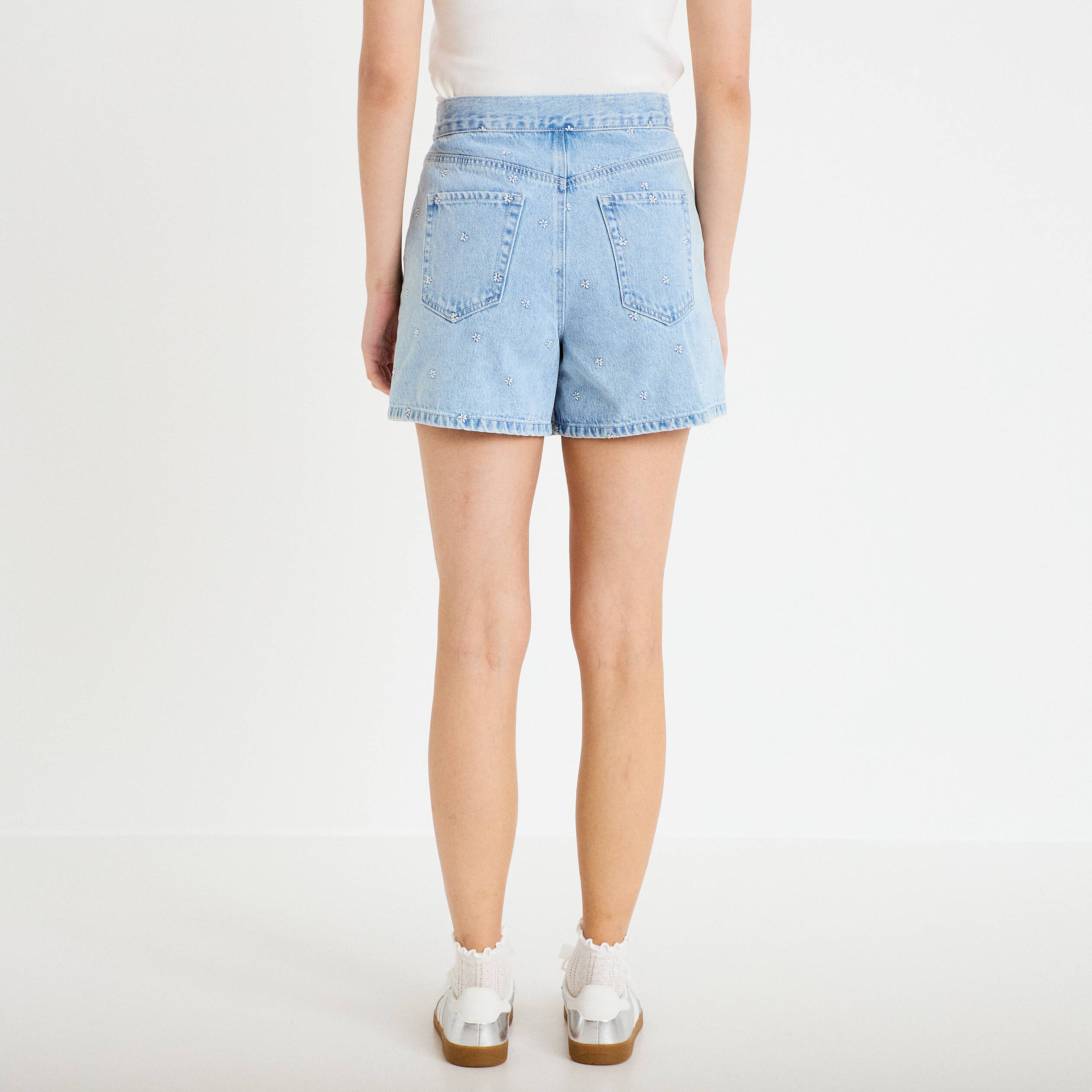 Jupe-short trap&egrave;ze courte taille haute bleu clair femme